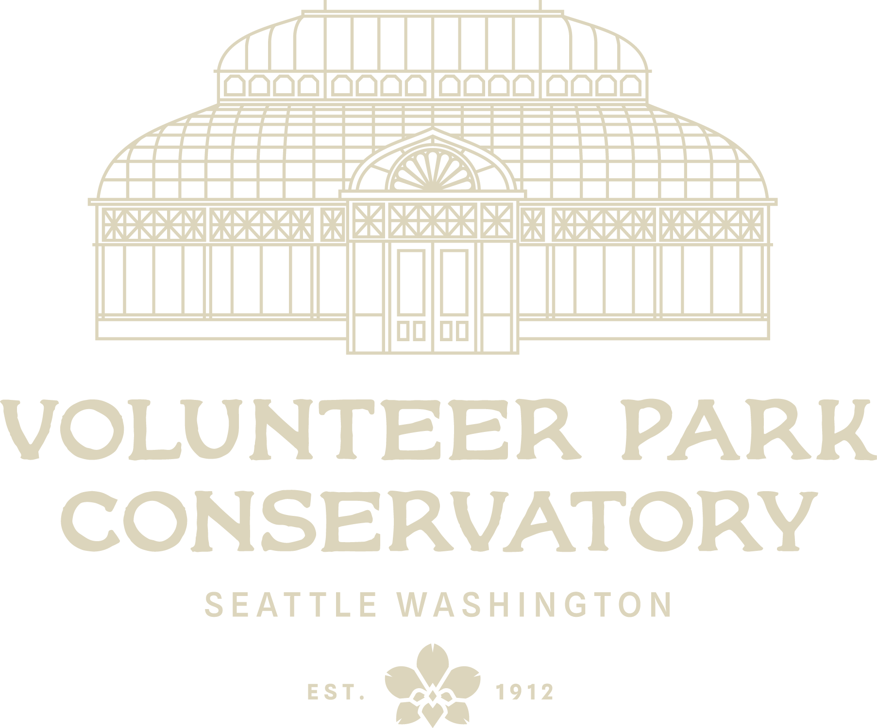 Logo of Volunteer Park Conservatory in Seattle Washington, featuring an illustration of a glass Victorian-style greenhouse with a domed roof, and the text "Volunteer Park Conservatory, Seattle Washington, Est. 1912" and an illustration of a flower.