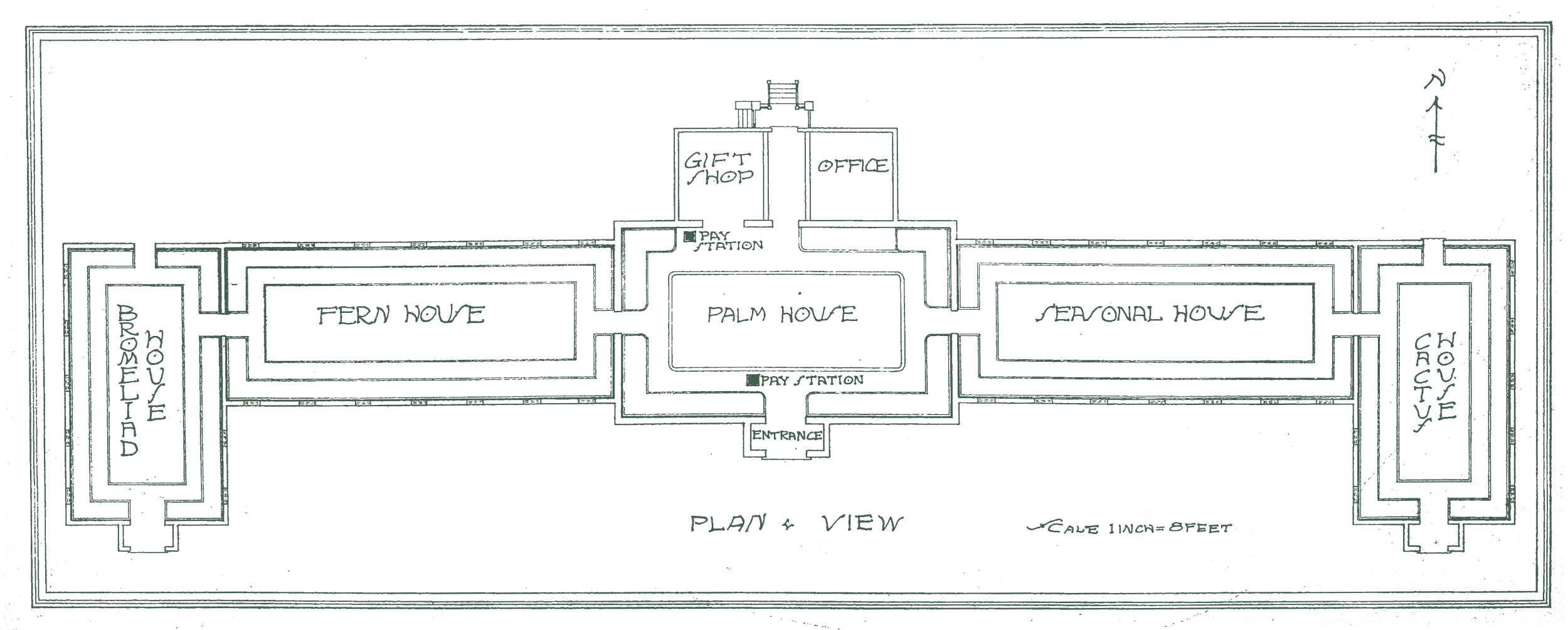Architectural floor plan of a visitor center with labeled sections including gift shop, office, foyer, house sections labeled Fern House, Palm House, Seasonal House, and a cafe and outdoor seating area.