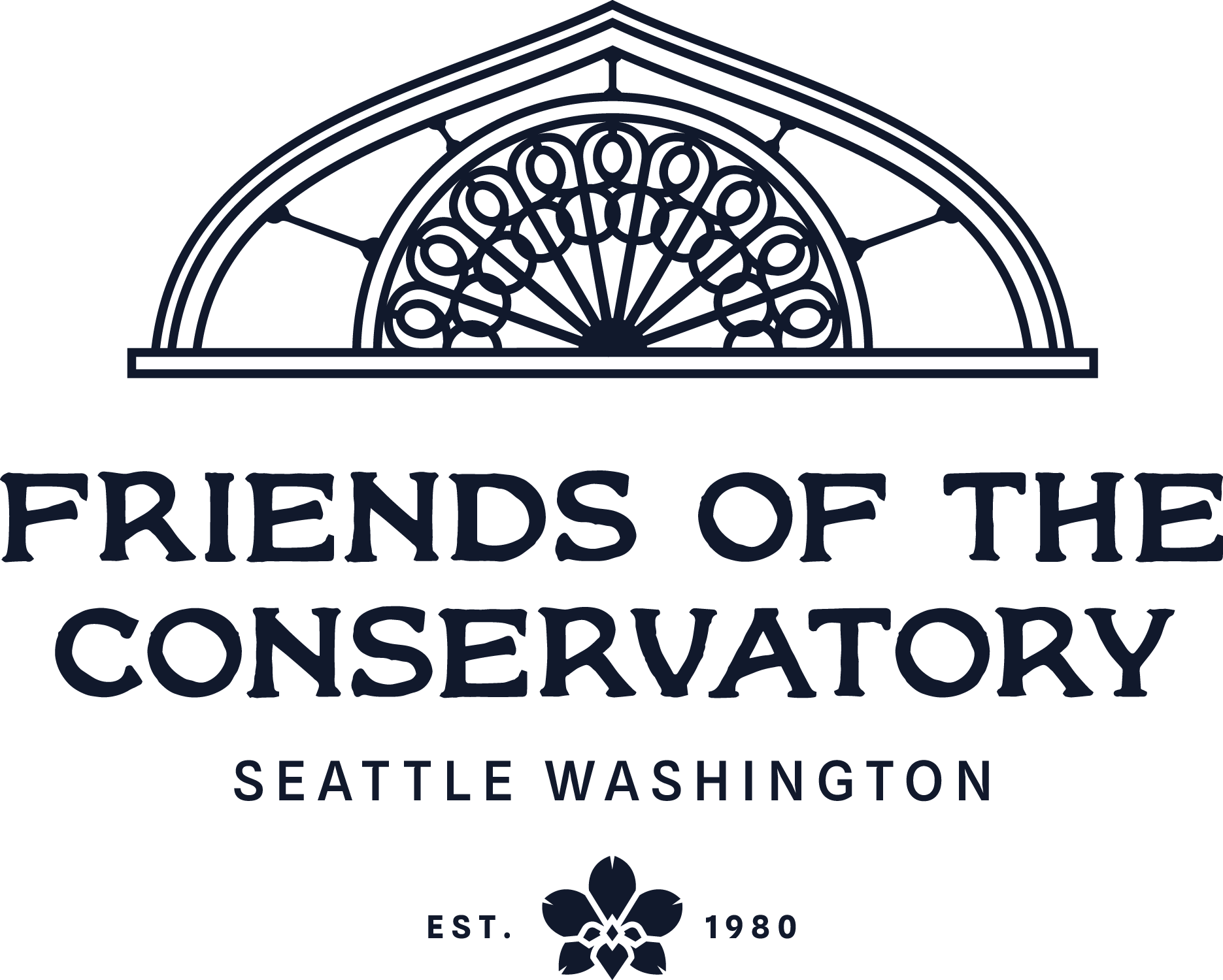 Logo for Friends of the Conservatory, Seattle Washington, featuring a stylized garden arch with intricate design, the organization's name, location, and the establishment year 1980.