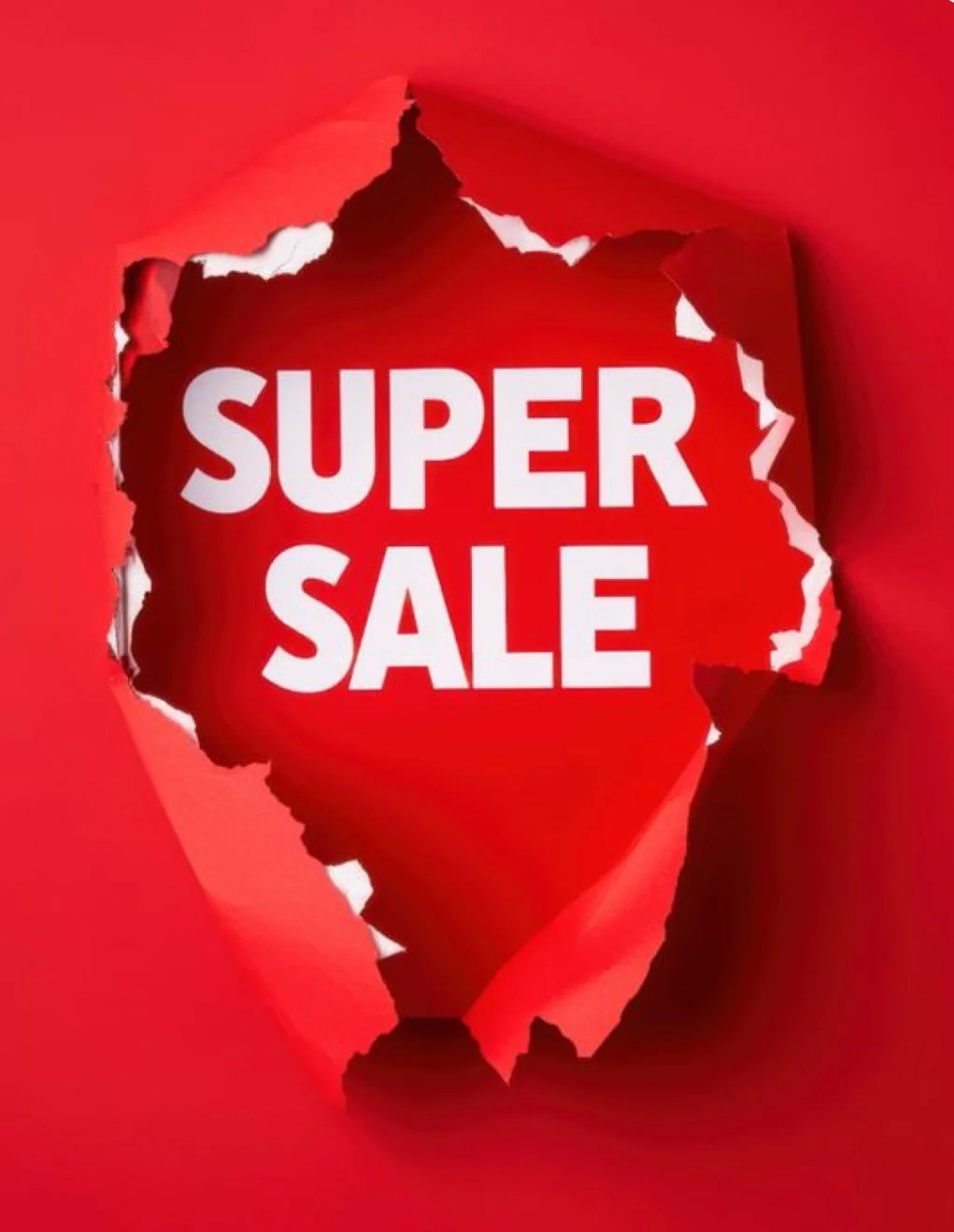 Red background with torn paper revealing an inner layer that says 'SUPER SALE' in large white letters.