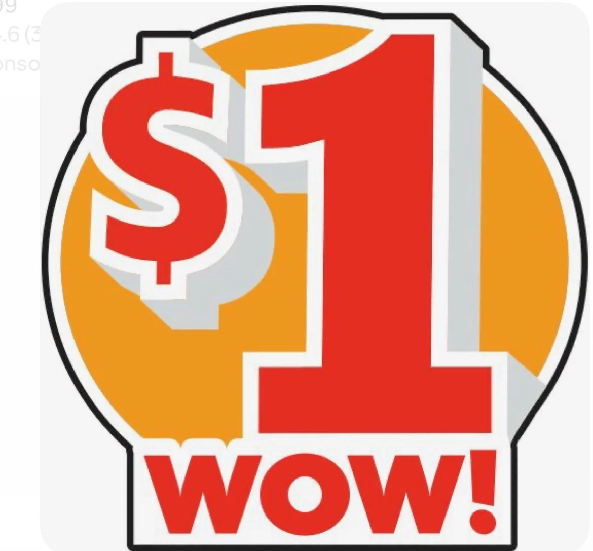Sale sign with a large red number one, a dollar sign, and the words WOW! in red, indicating a promotion or discount.