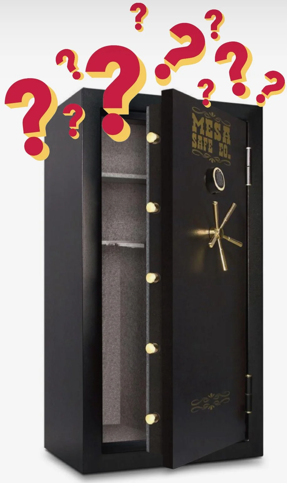 A black safe with an open door, revealing an empty interior and a combination lock. Red and yellow question marks are overlaid at the top of the image.