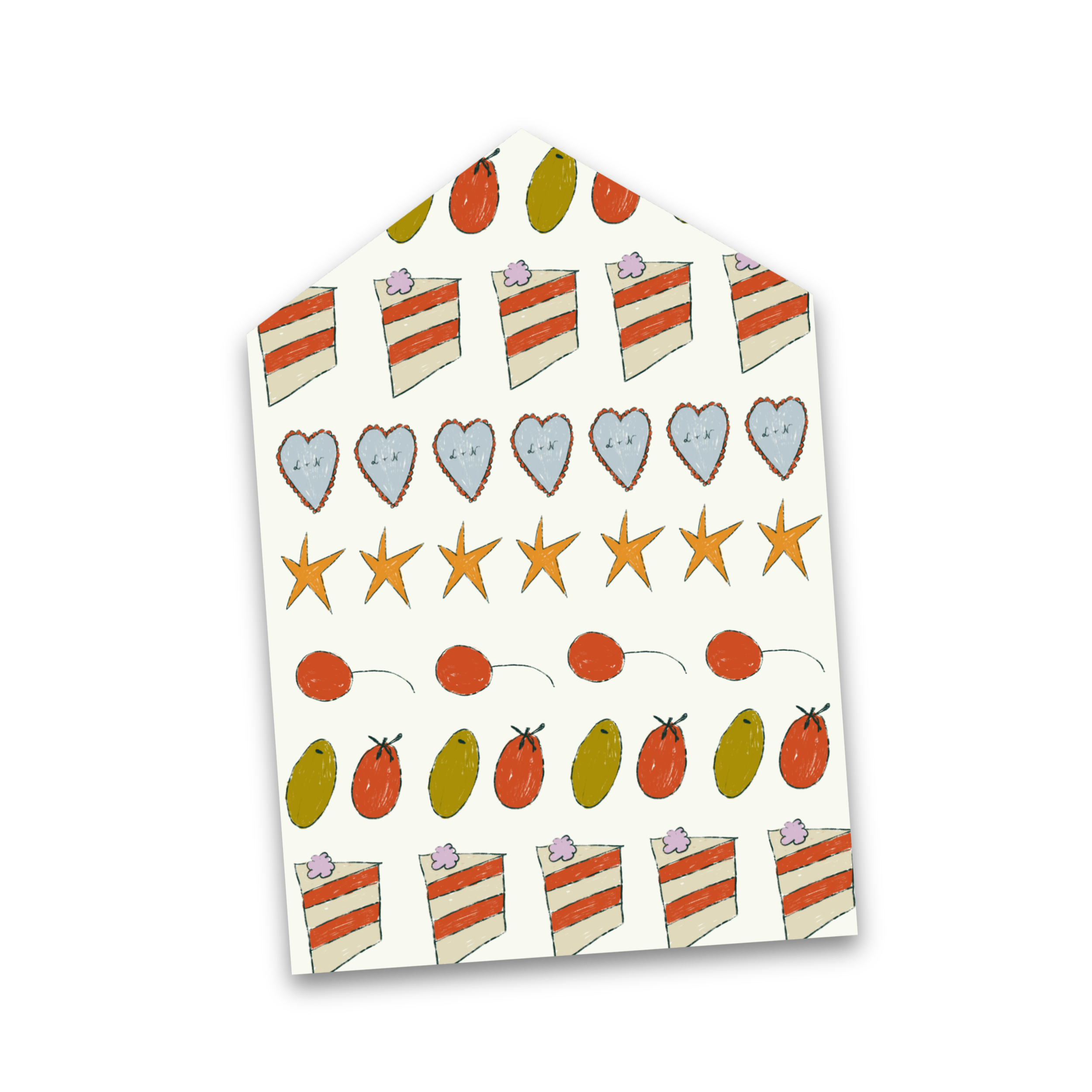 A colorful, hand-drawn illustration of a house-shaped gable with assorted holiday-themed patterns, including slices of cake, hearts, stars, cherries, and abstract shapes, set against a black background.