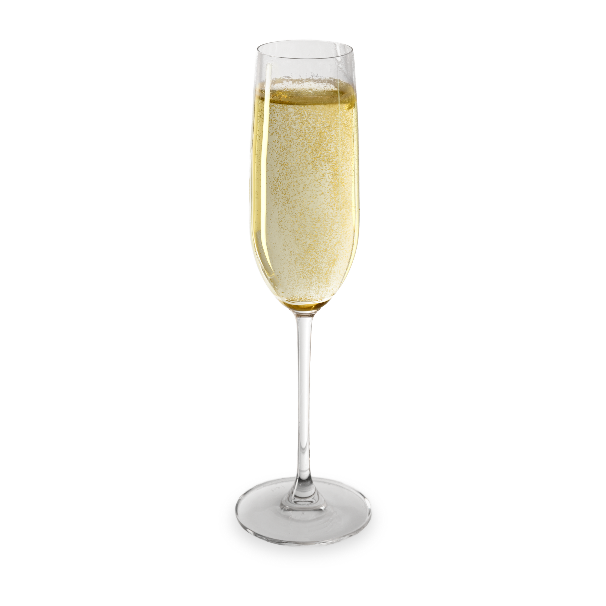 A glass of champagne with a golden yellow bubbly liquid, set against a background divided into black, yellow, and red sections.