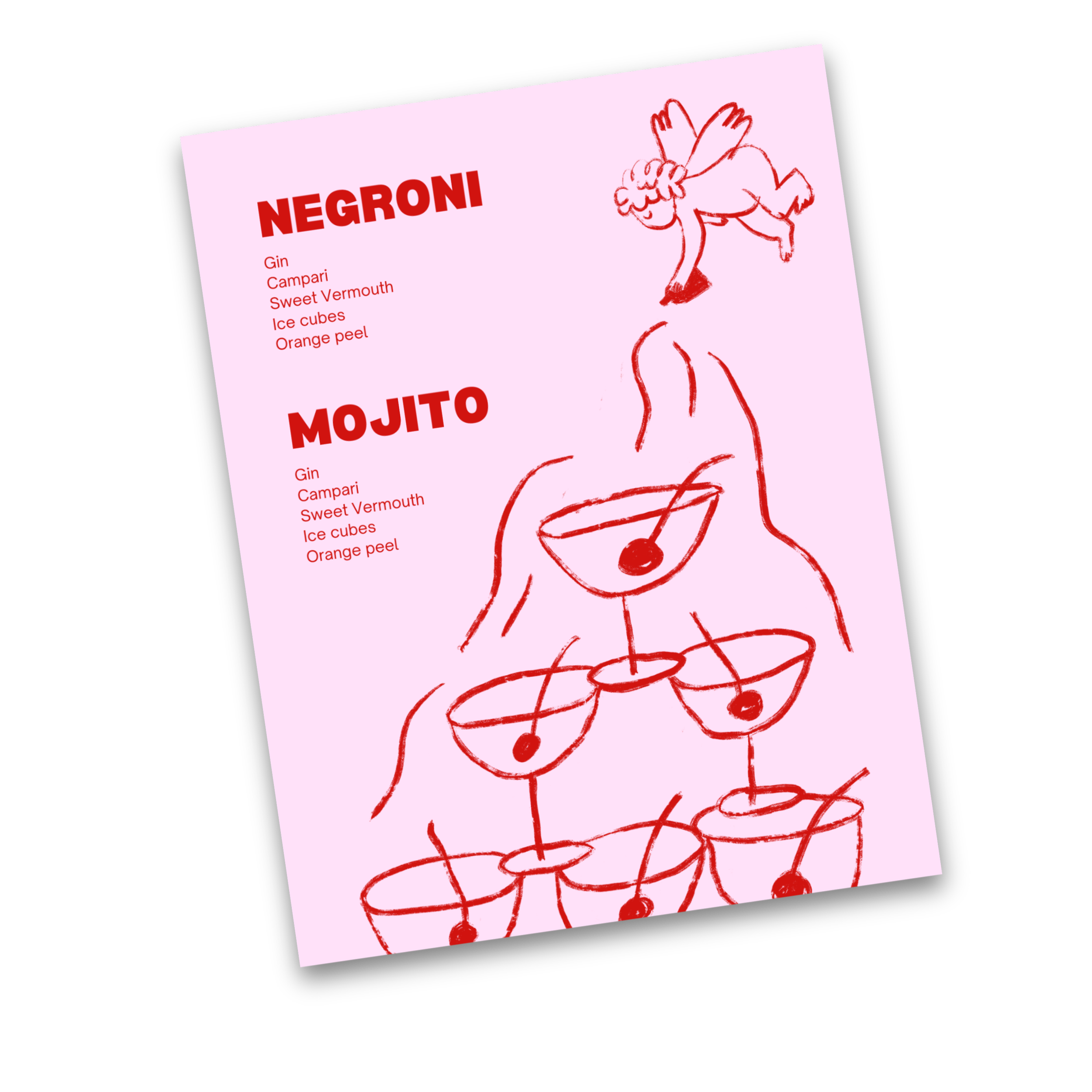 A pink cocktail menu featuring two drinks, Negroni and Mojito, with ingredients listed in red text. The menu has a red sketch of a lion at the top and a stack of six similar cocktail glasses with cherries garnishes drawn in red.
