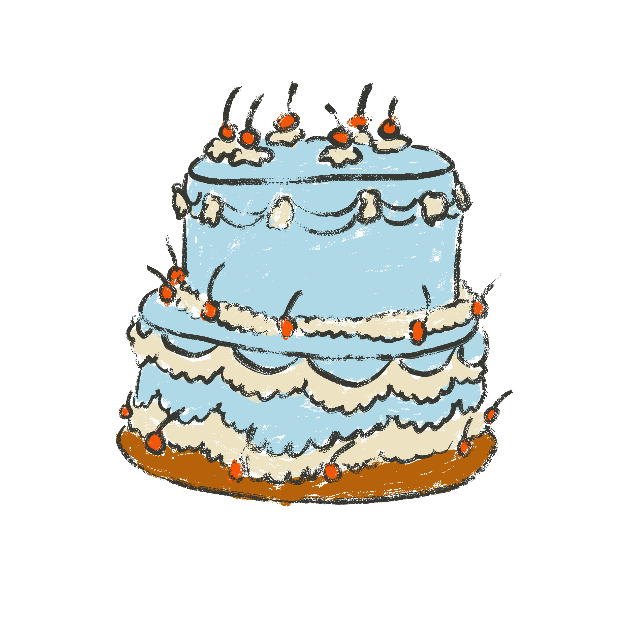 Illustration of a layered birthday cake decorated with icing, cherries, and lit candles .