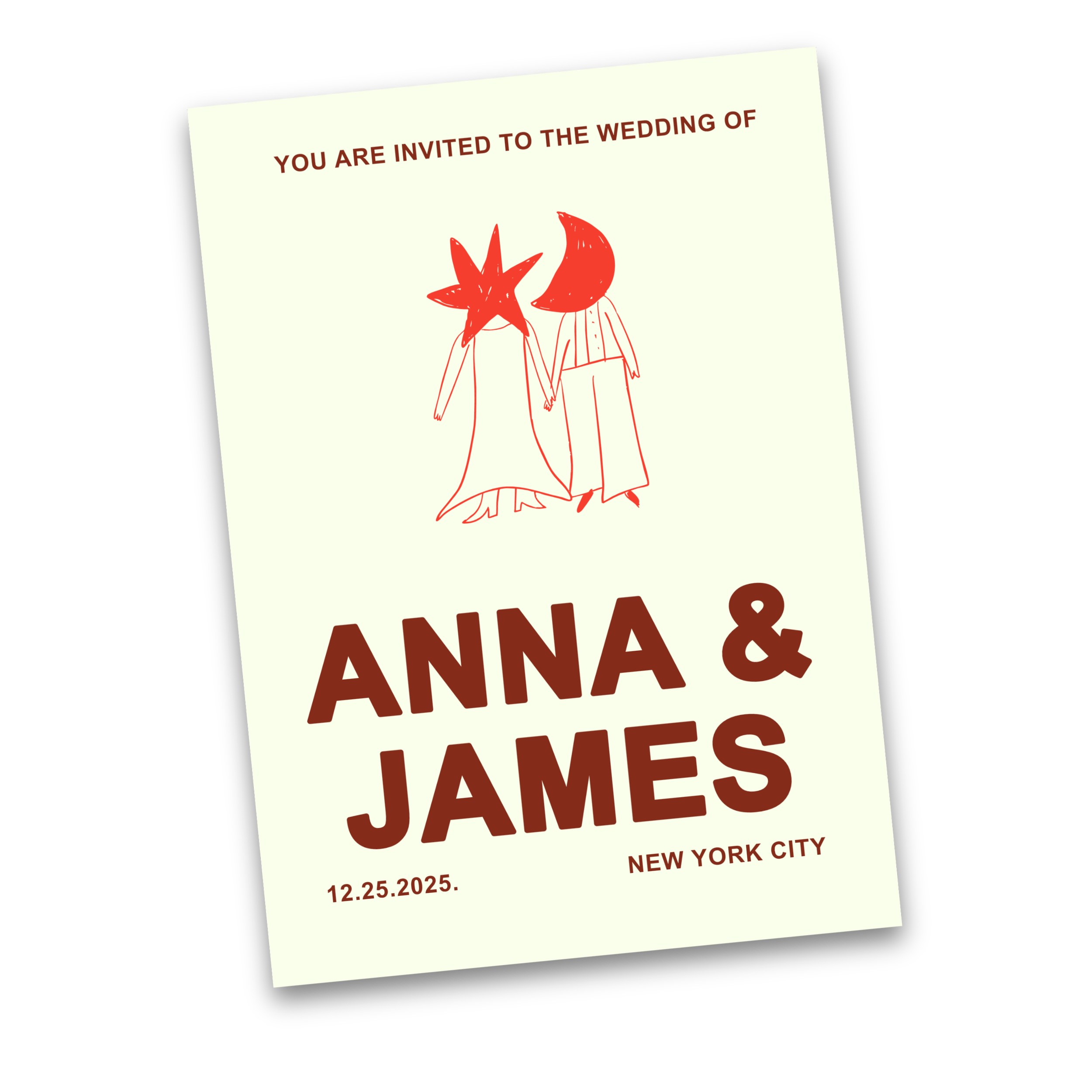 Wedding invitation with abstract illustration of a bride and groom with star and moon heads, text reading 'You are invited to the wedding of Anna & James, December 25, 2025, New York City' on a light background.