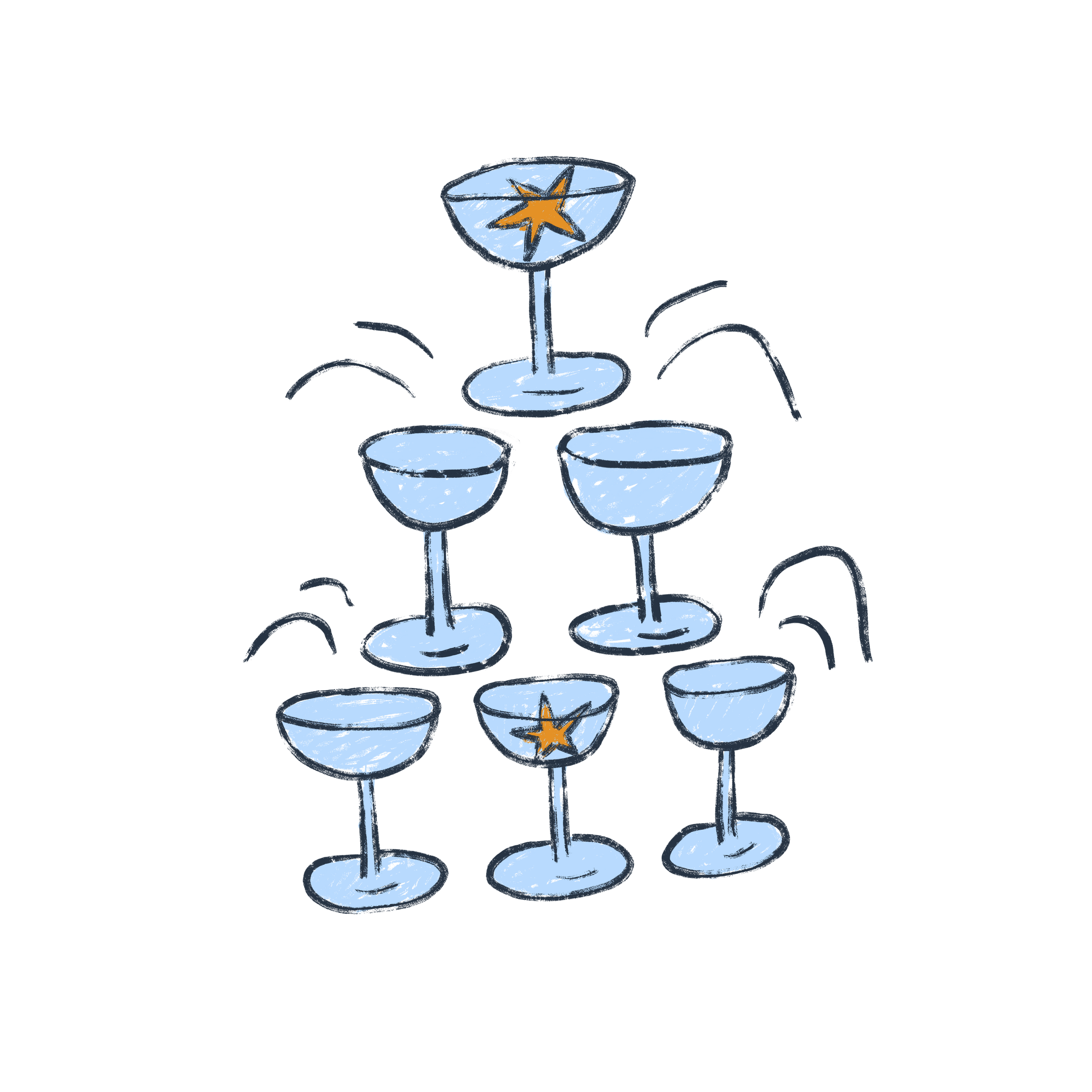 Illustration of a pyramid of seven champagne glasses with some glasses featuring star decorations, arranged in a tiered formation.