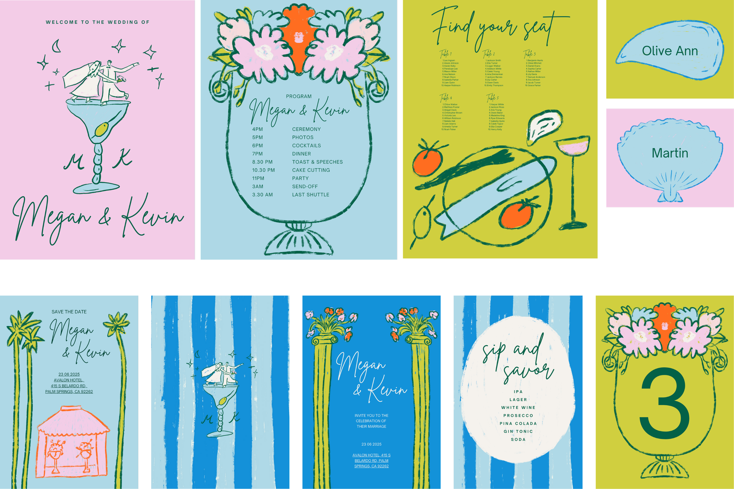A colorful wedding program and invitation set for Megan and Kevin, featuring illustrations of the bride and groom, floral arrangements, food and drink icons, and the schedule of events. The designs include pastel pink, blue, yellow, and green backgrounds with playful, hand-drawn style graphics.