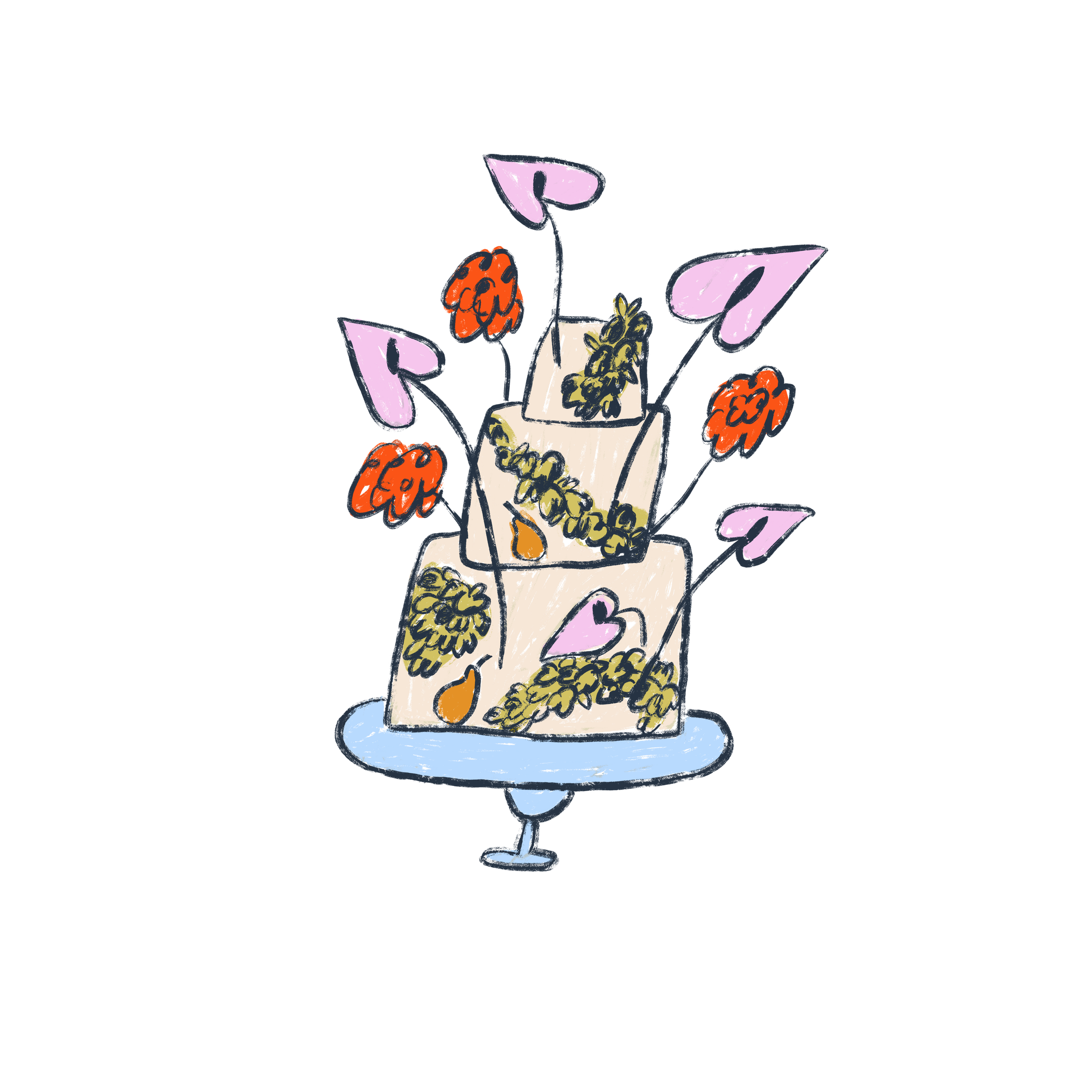 A three-tiered cake decorated with flowers, leaves, and pink heart-shaped toppers on a cake stand.