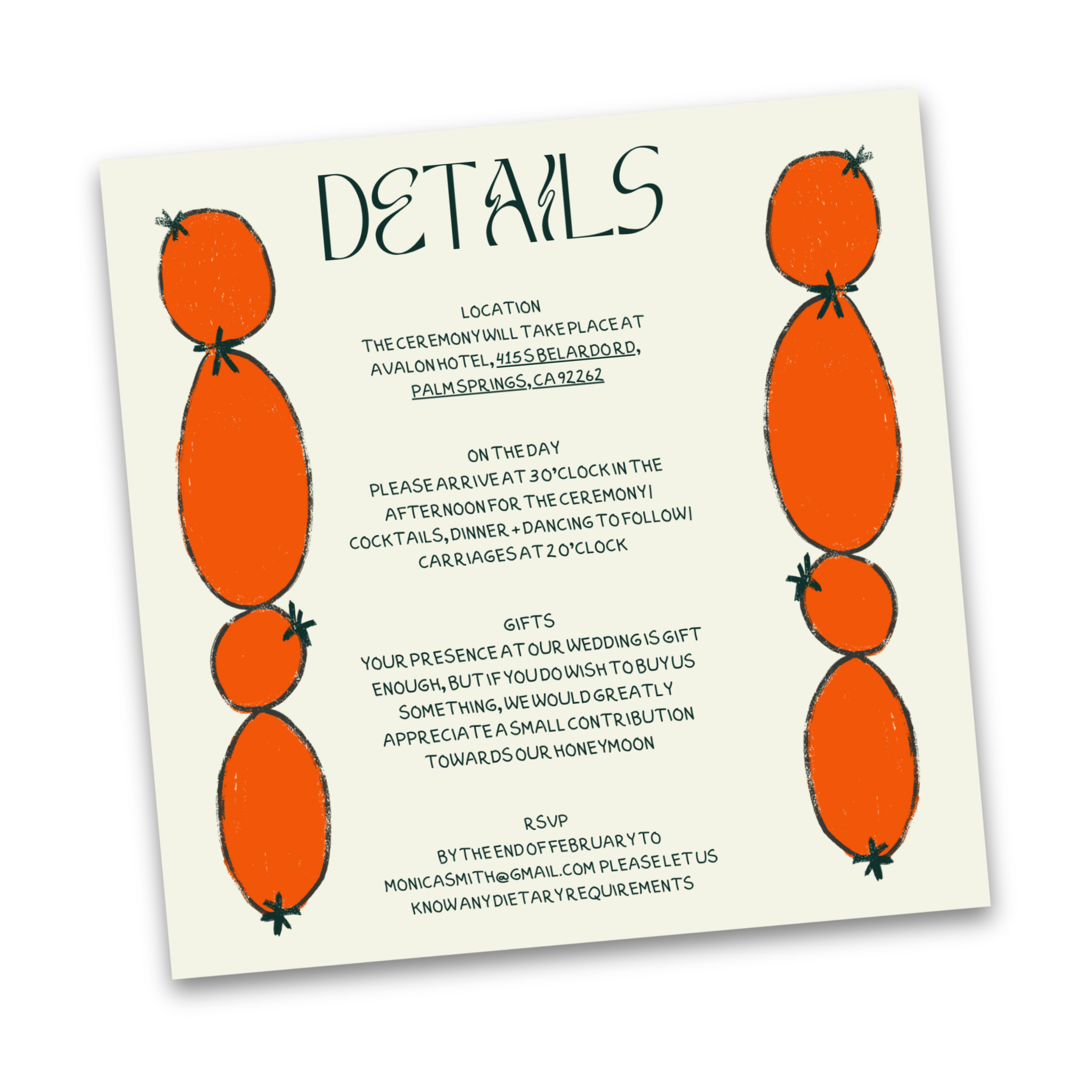 Wedding invitation card with a border of orange carrots and green stem tops, featuring handwritten-style text with details about the location, date, gifts, and RSVP for a wedding event.