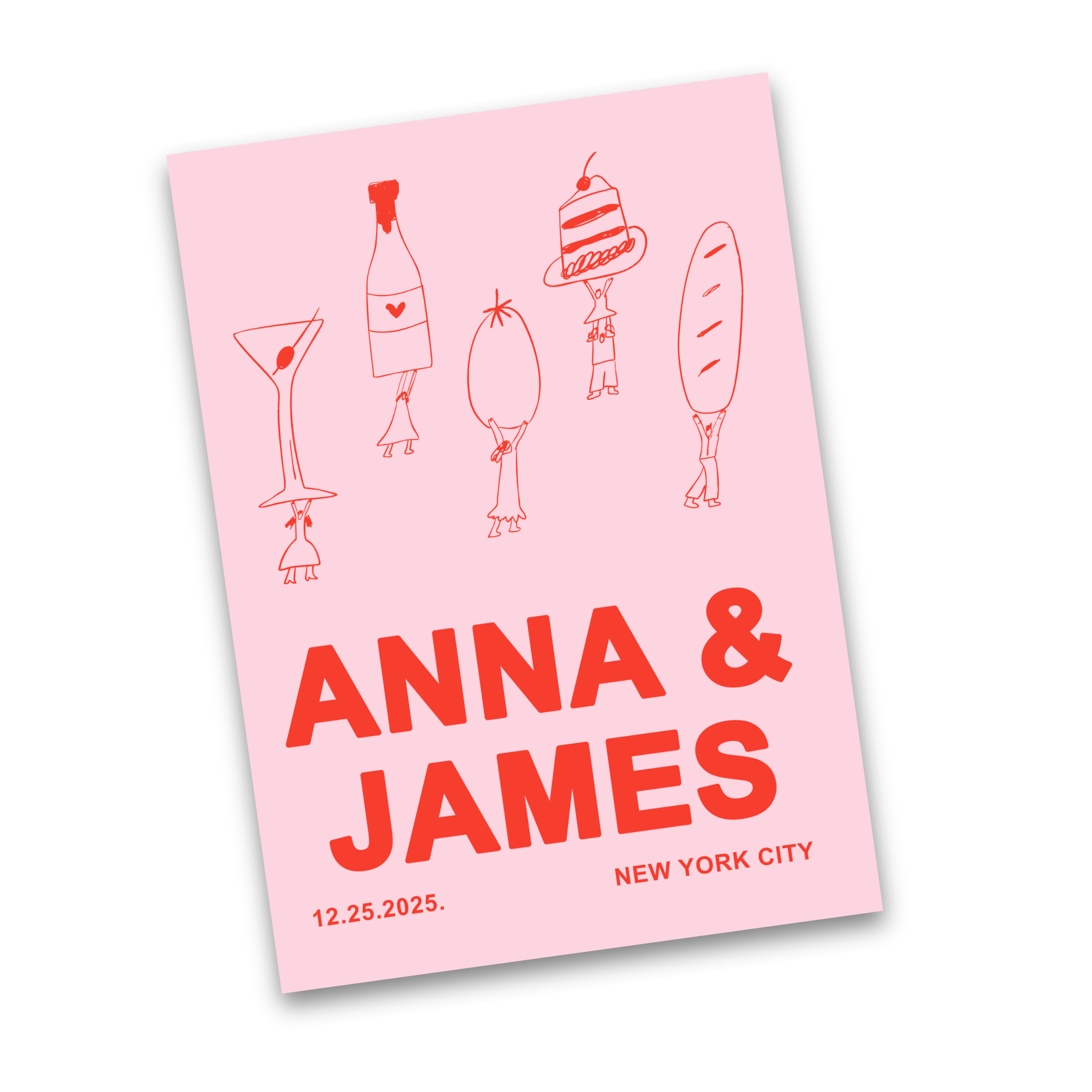 Invitation card for Anna and James's wedding, featuring minimalistic line drawings of celebratory figures holding a champagne bottle, a cocktail, a cake, a baguette, and a loaf of bread, with pink background and red text showing the names, date, and location.