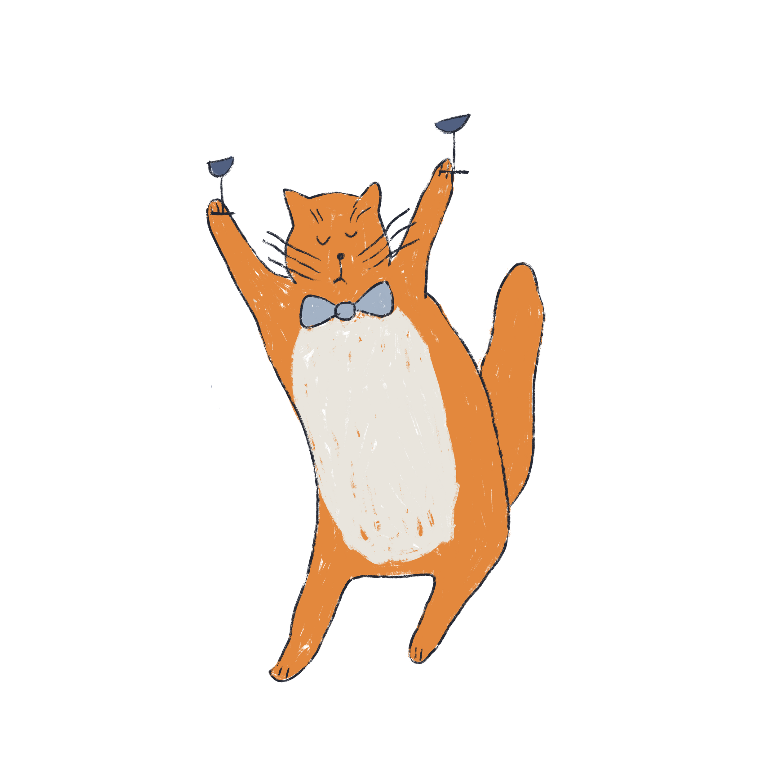 A cartoon orange tabby cat wearing a gray bow tie, standing against a black background, with arms raised and eyes closed, showing a joyful expression.
