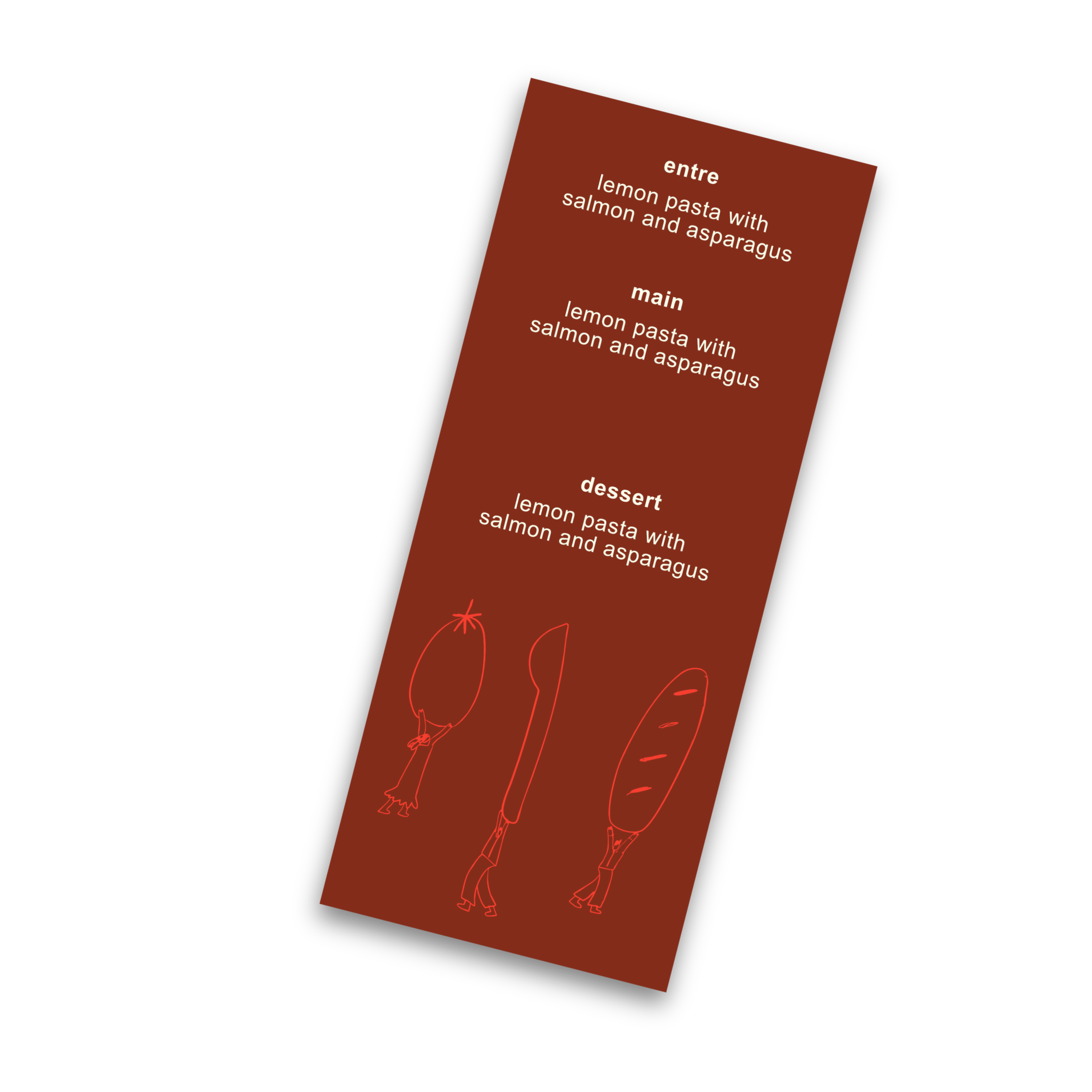 A vertical menu card with three sections labeled entre, main, and dessert, each with the same description: lemon pasta with salmon and asparagus. The card has a brown background with white text and red outline illustrations of vegetables at the bottom.