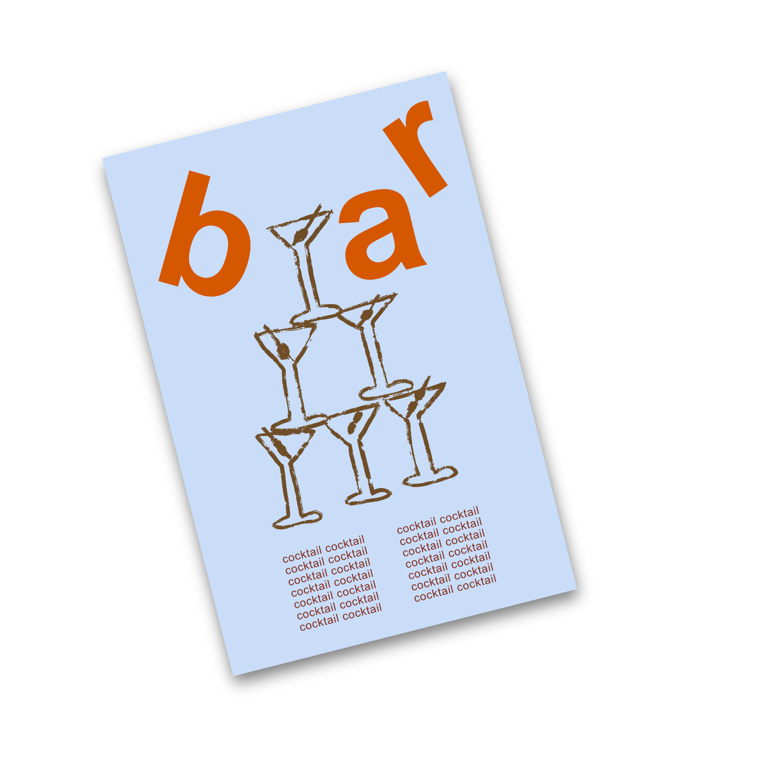A flyer featuring a stack of martini glasses drawn in black outline, with the word 'bar' in large orange letters above the glasses, and the repeated word 'cocktail' in smaller orange text below.