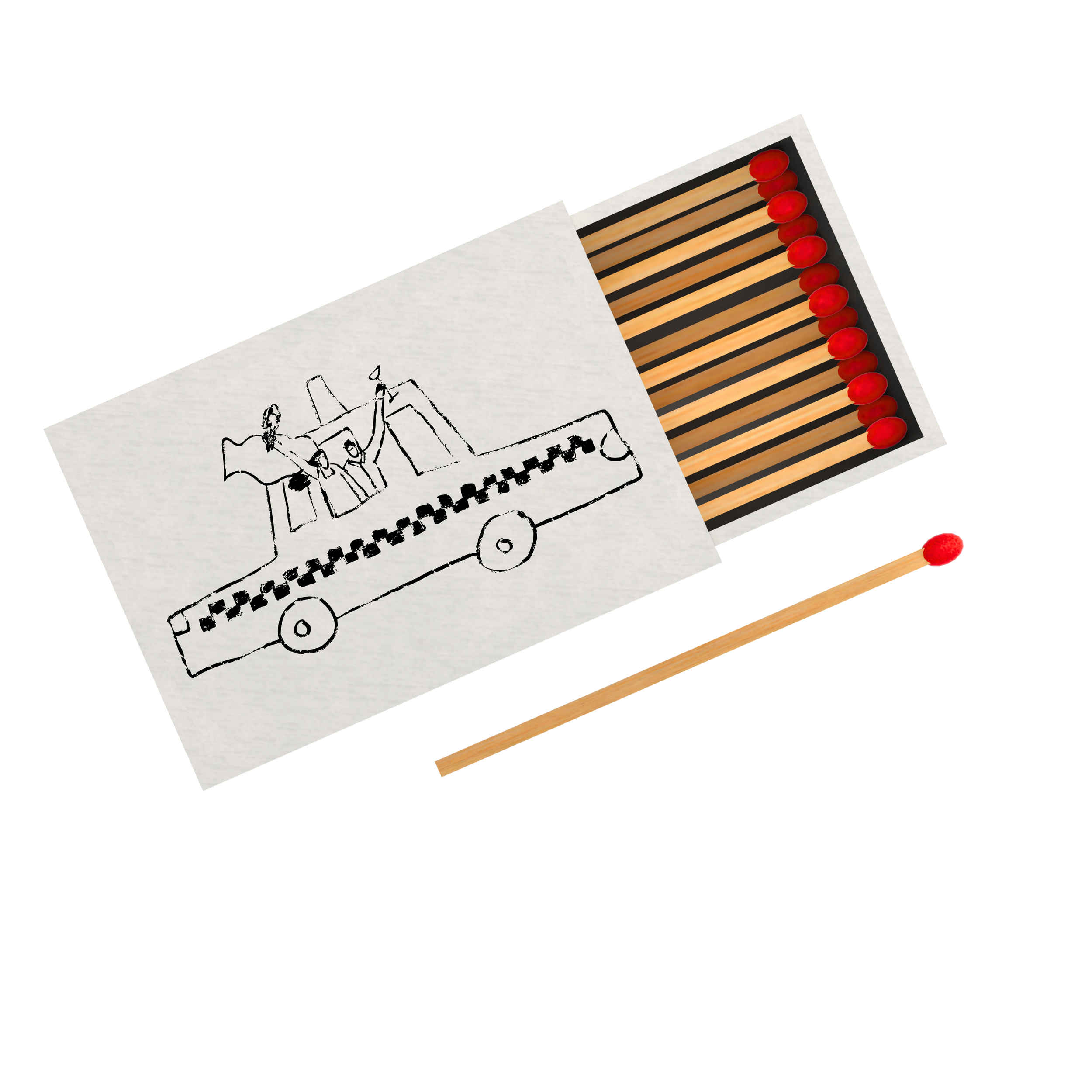 A matchbox with an illustration of a WWII plane and soldiers, alongside a match with a red tip, and a lit matchstick.