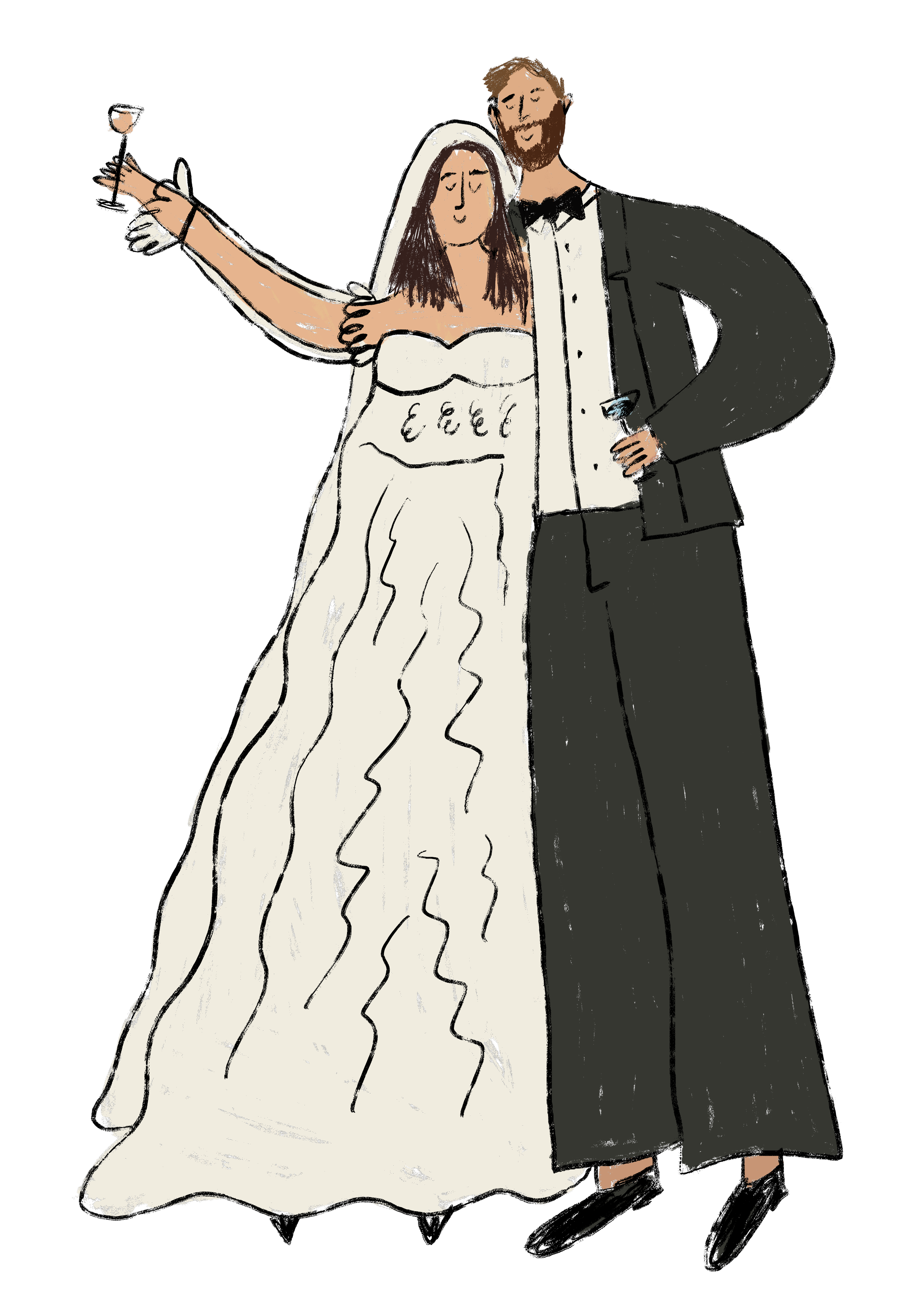A cartoon of a newlywed couple celebrating; the bride in a white wedding dress with her arm raised, the groom in a tuxedo holding a drink, both smiling and happy.