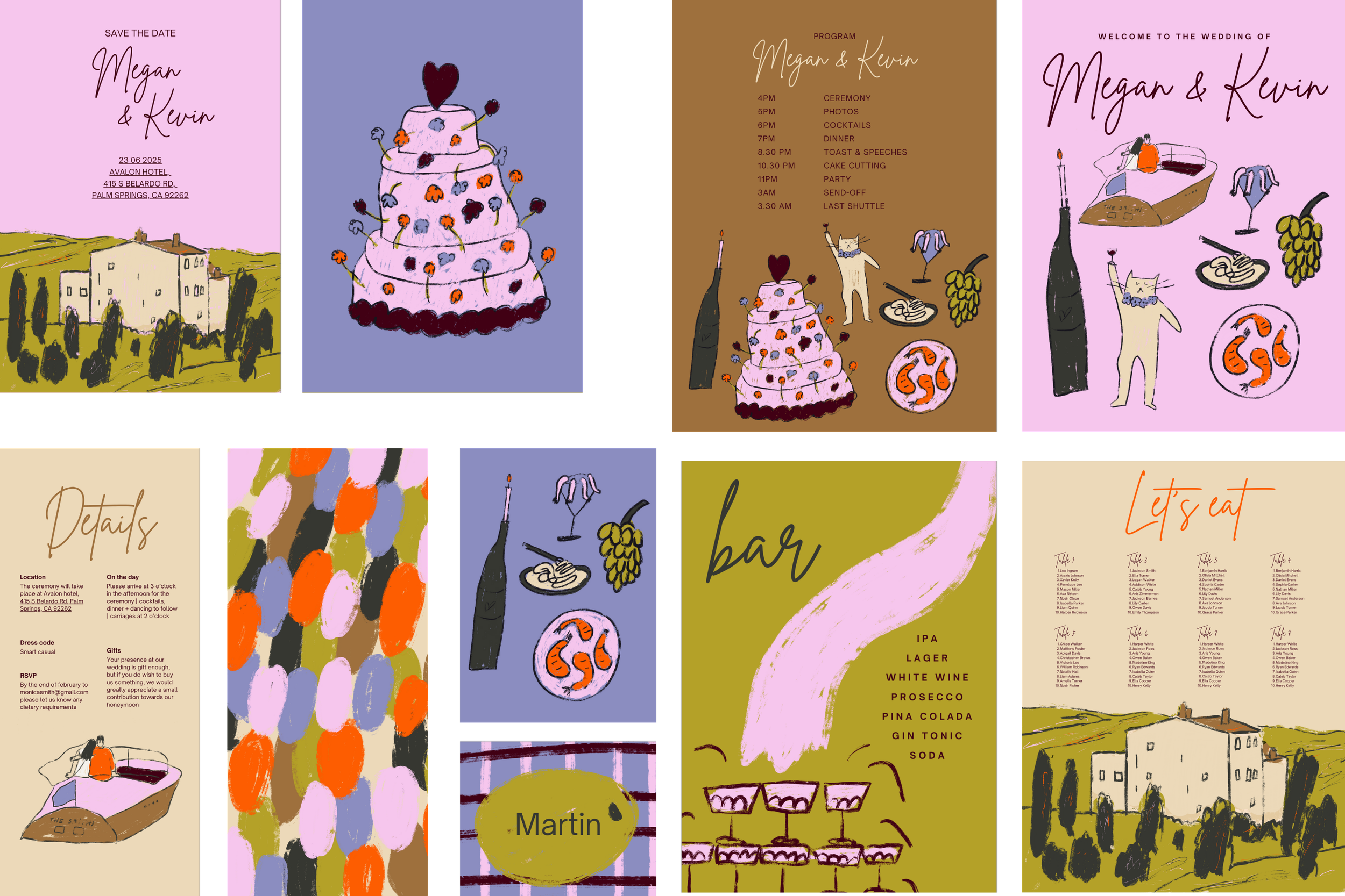 A colorful collage of wedding invitation and menu illustrations for Megan and Kevin's wedding. Includes details like date, location, a cake, wine, and decorative elements.