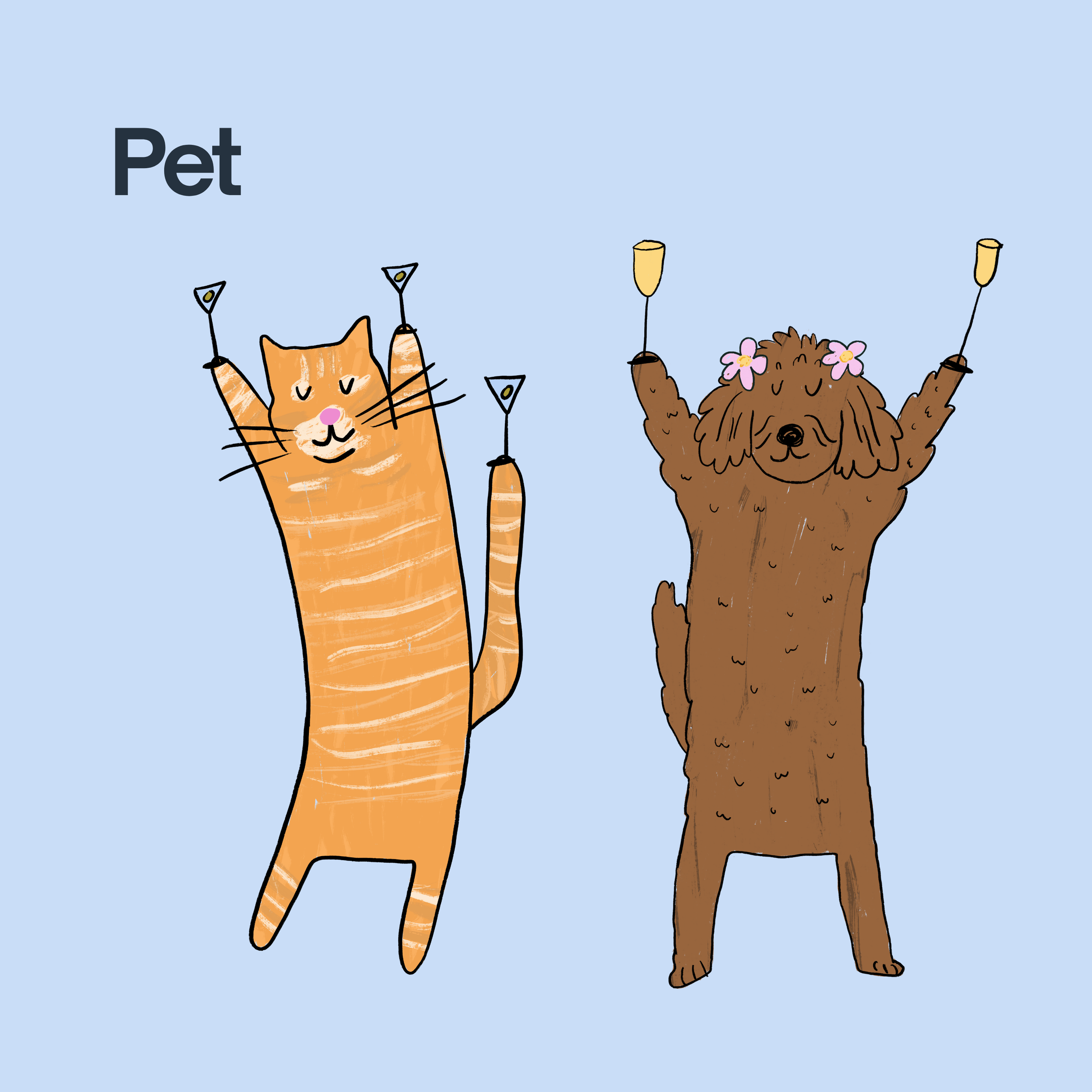 Illustration of a happy cat and a happy dog, both with their paws raised and holding small lamps, set against a light blue background.