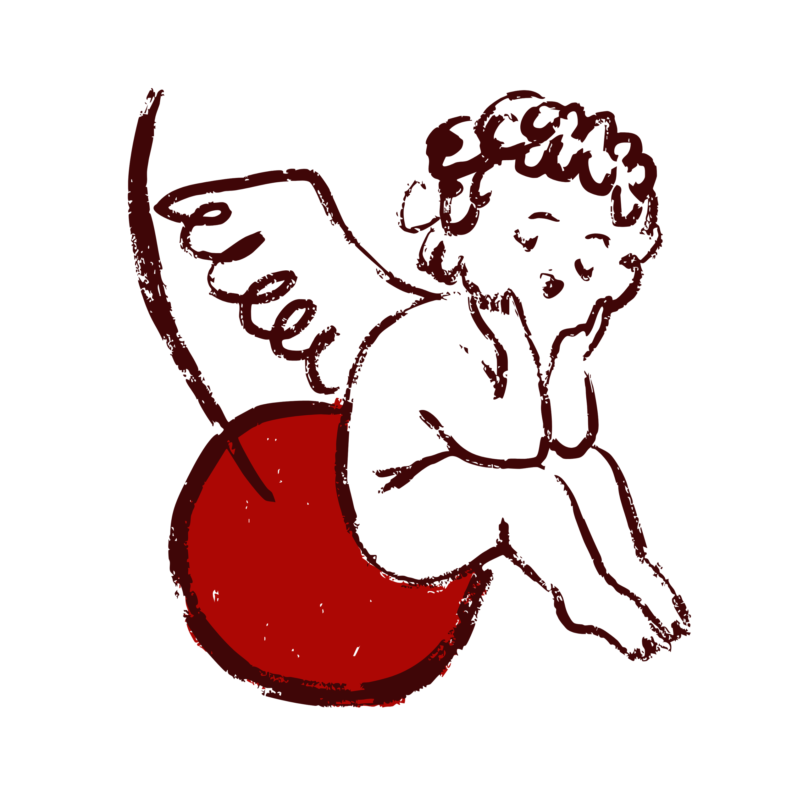 A line drawing of a cute cherub sitting on a red sphere, with one hand on their cheek and the other holding a word that says "beauty".