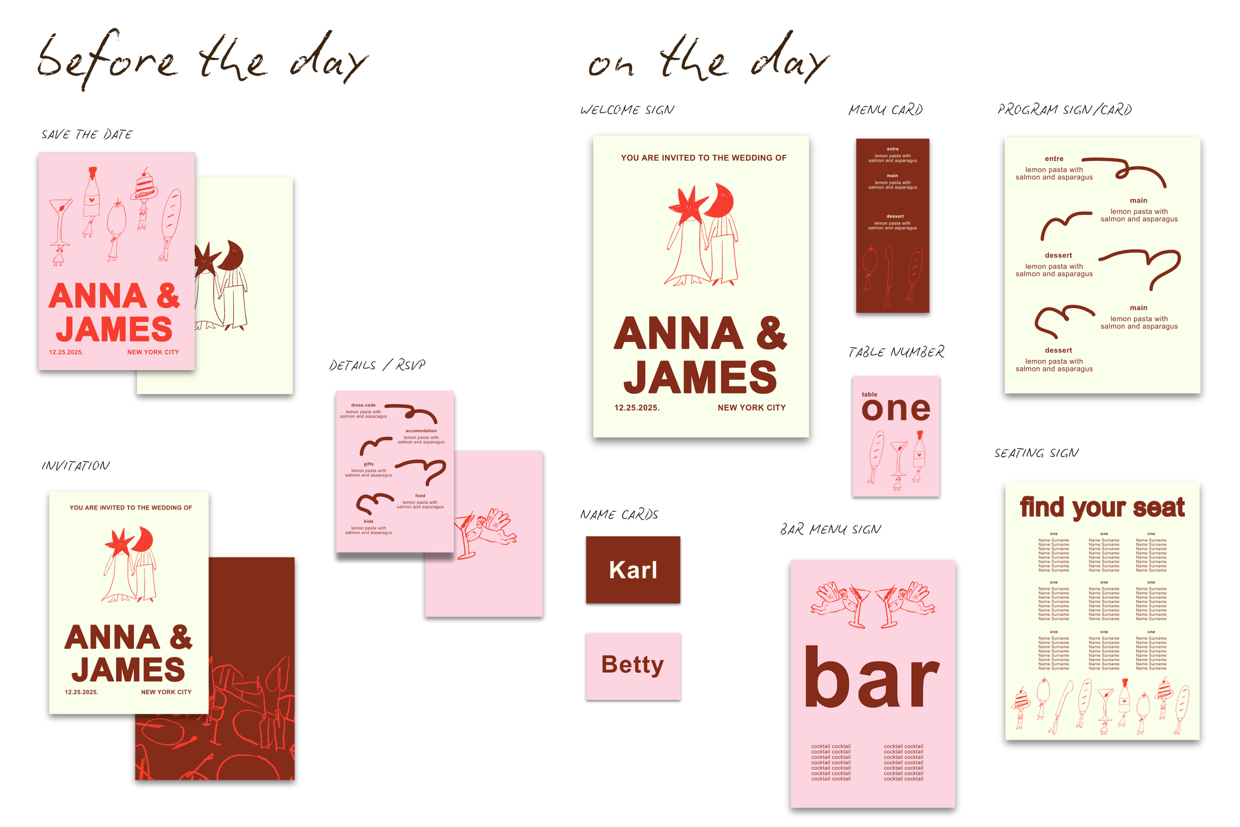 Wedding invitation and event details for Anna and James, including save-the-date, welcome sign, menu card, program sign, invitation, name cards, bar menu sign, seating sign, and table numbers, all featuring illustrations of food and drink elements along with event information.