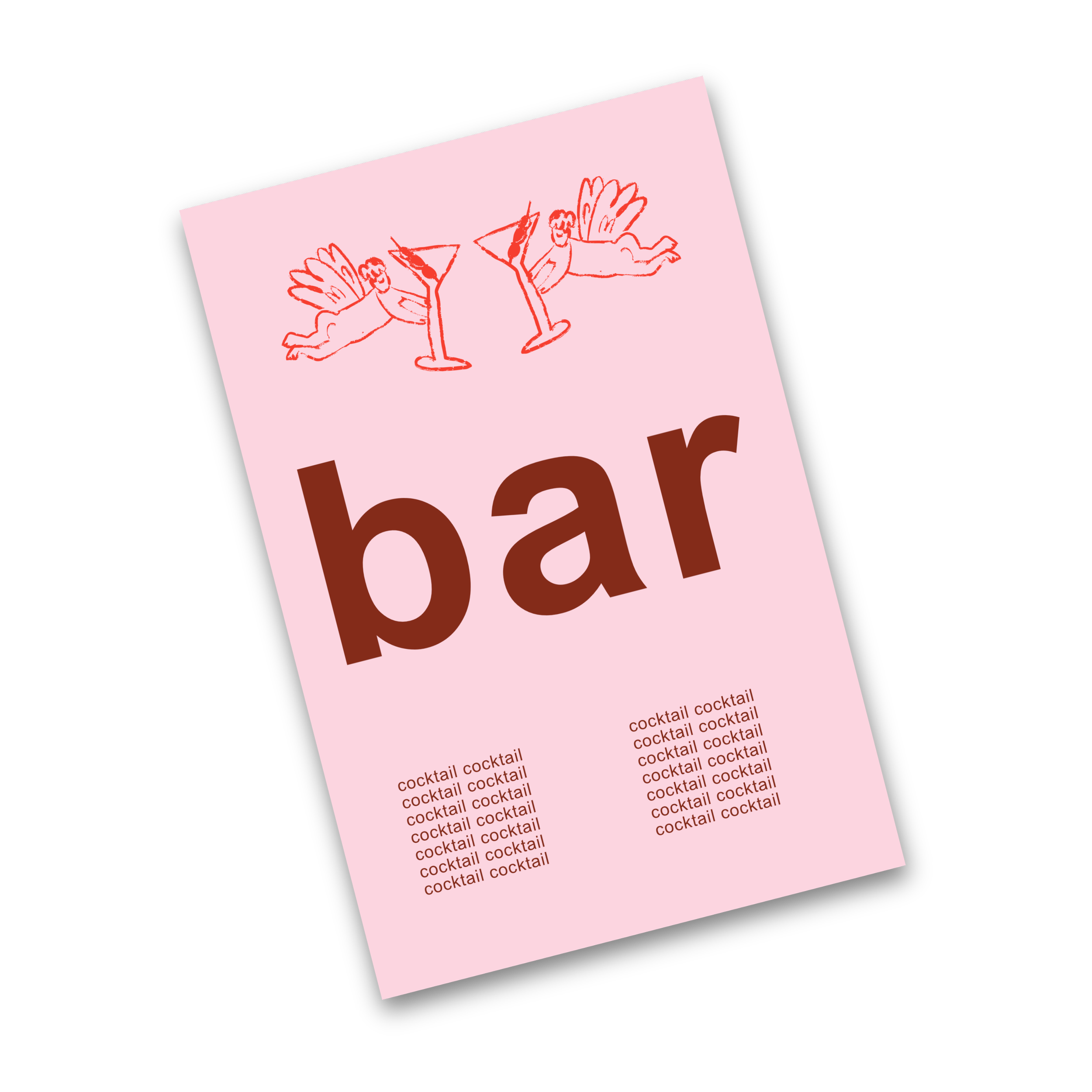 A pink party flyer featuring a large brown word 'bar'. At the top, there are two winged figures holding cocktail glasses.