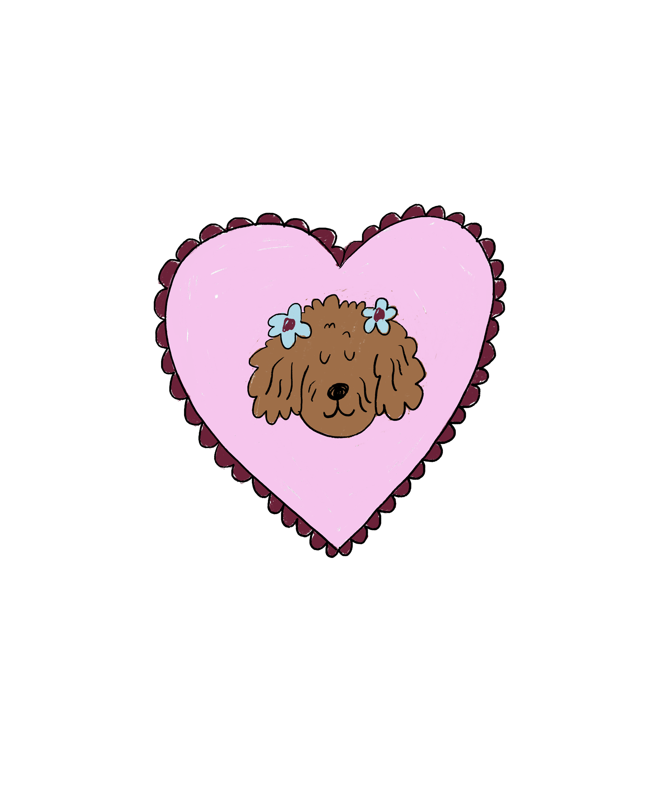 A cartoon illustration of a fluffy brown dog with blue flowers on its head, inside a pink heart-shaped outline with a dark purple border.