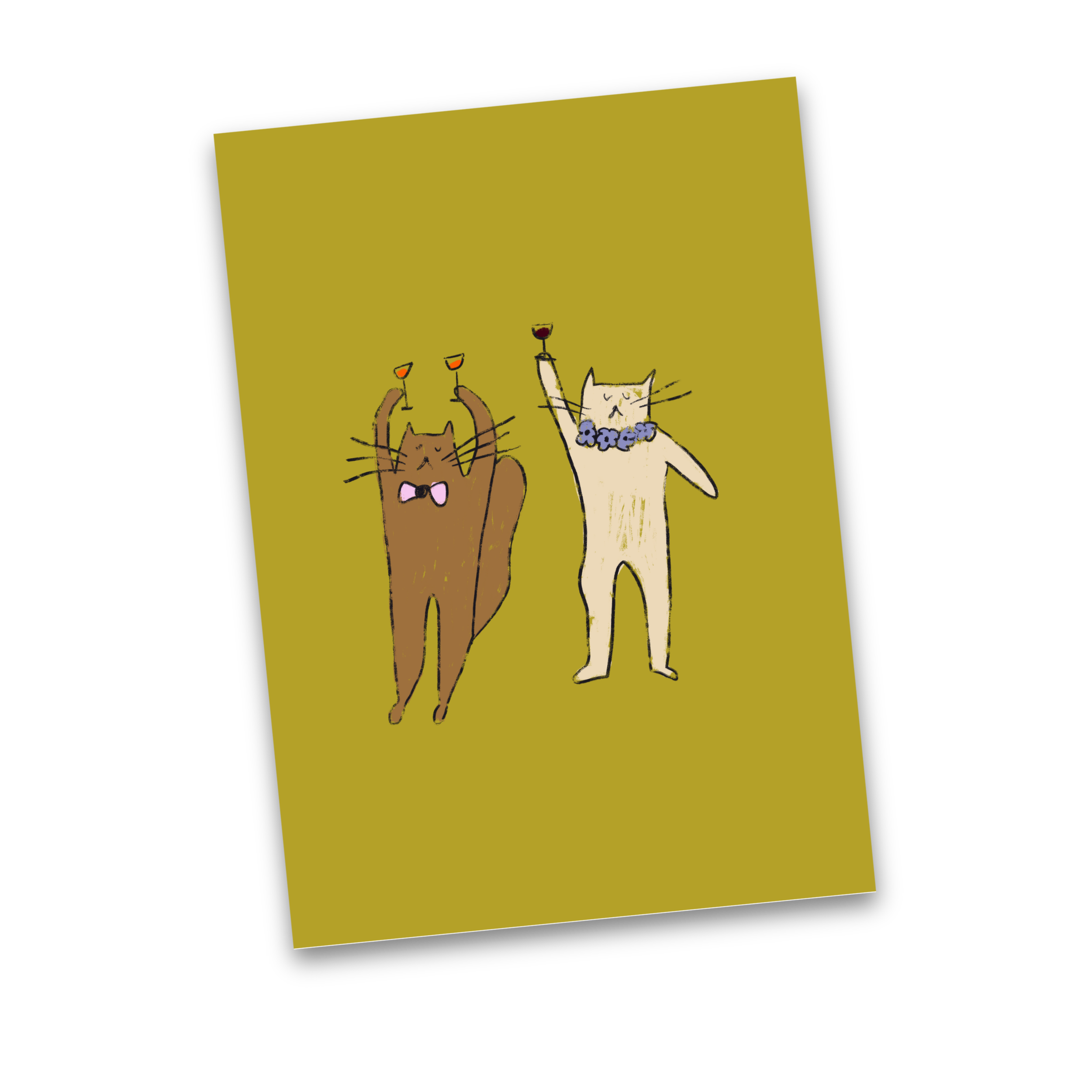 Illustration of two cats holding glasses of wine, celebrating. One brown and one white, both wearing accessories, with a light yellow background.