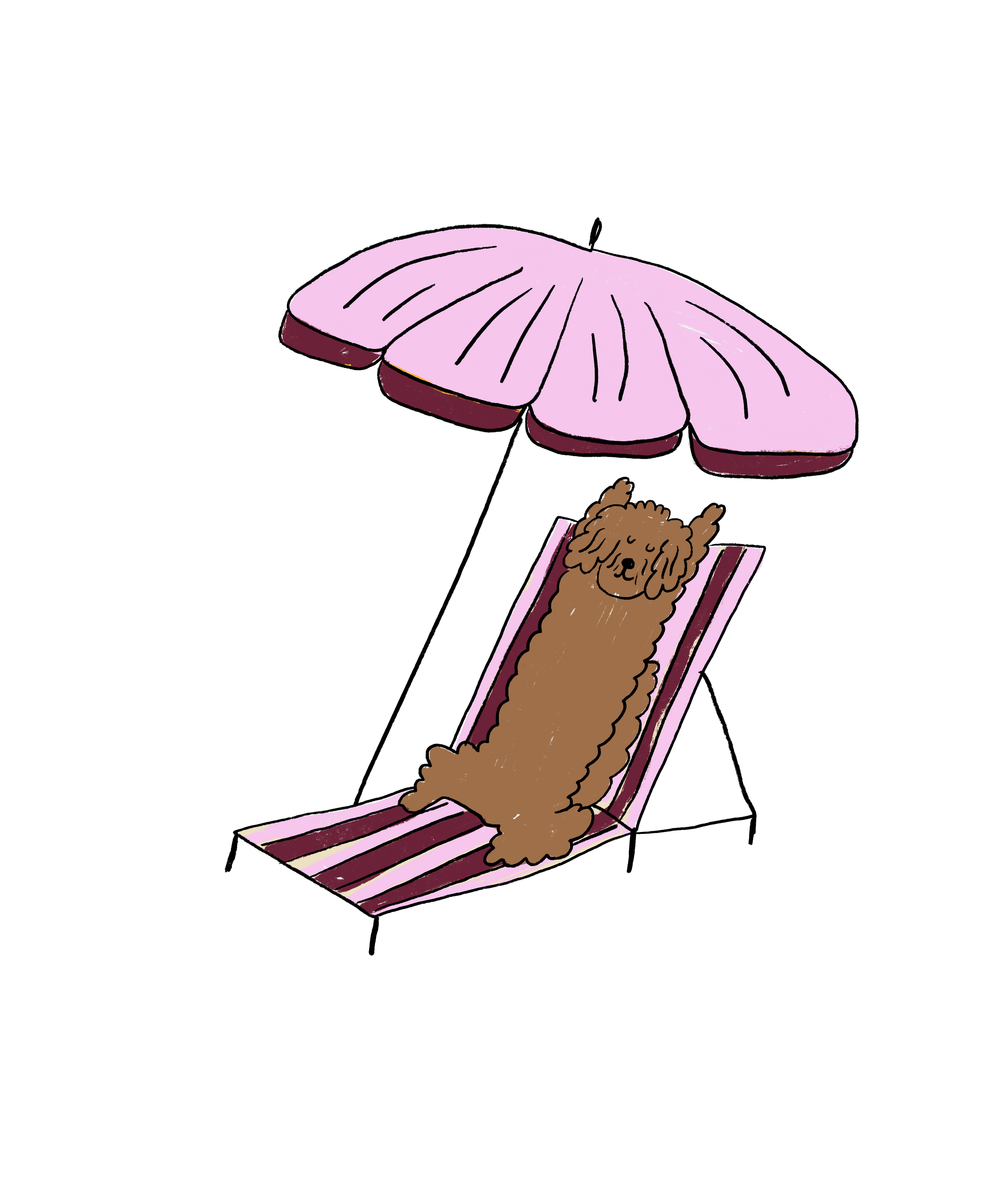A cartoon illustration of a small brown dog lying on a pink and white striped deck chair under a pink open umbrella with black lines. The background is black.