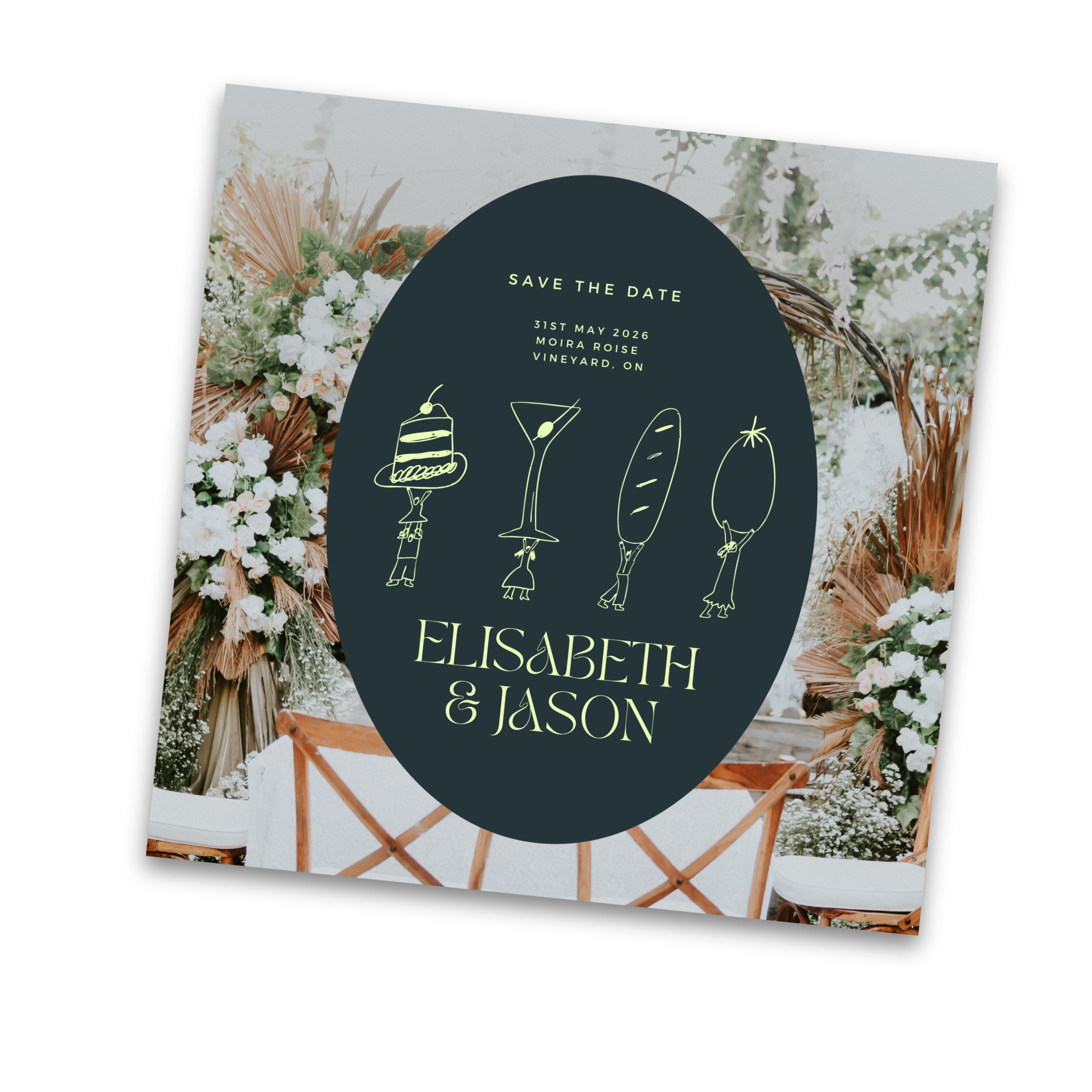 A wedding save the date card for Elisabeth and Jason with floral background and drawn symbols of a cake, cocktail, baguette, and tomato, featuring text for date and location.