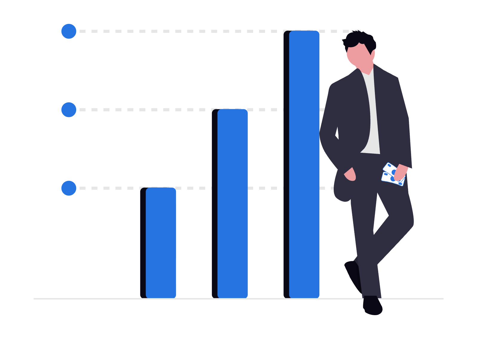 Illustration of a man in a business suit standing next to a bar chart with three blue bars of increasing height, holding a smartphone in his right hand.