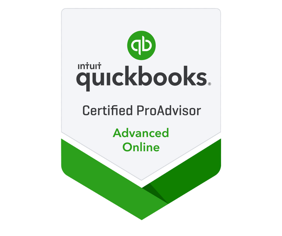 QuickBooks Certified ProAdvisor badge with a green and white color scheme, indicating an advanced online certification.