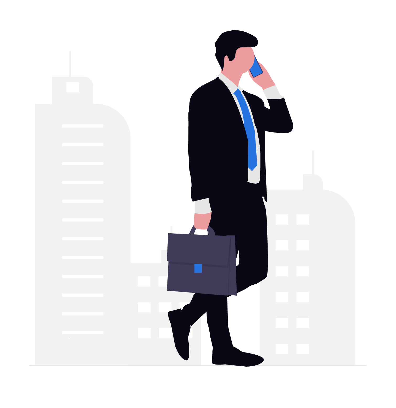 An illustration of a businessman in a suit walking while talking on a mobile phone, carrying a briefcase, with city skyscrapers in the background.