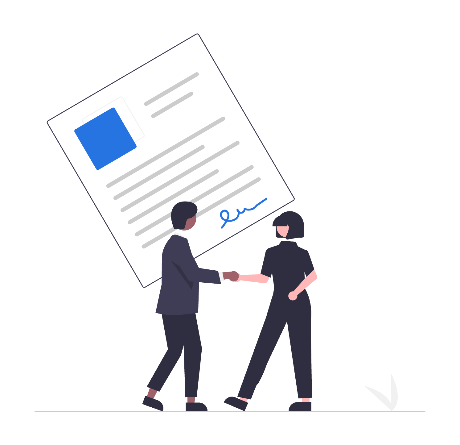 Illustration of a man and a woman shaking hands in front of a large certificate or contract with a blue signature at the bottom.