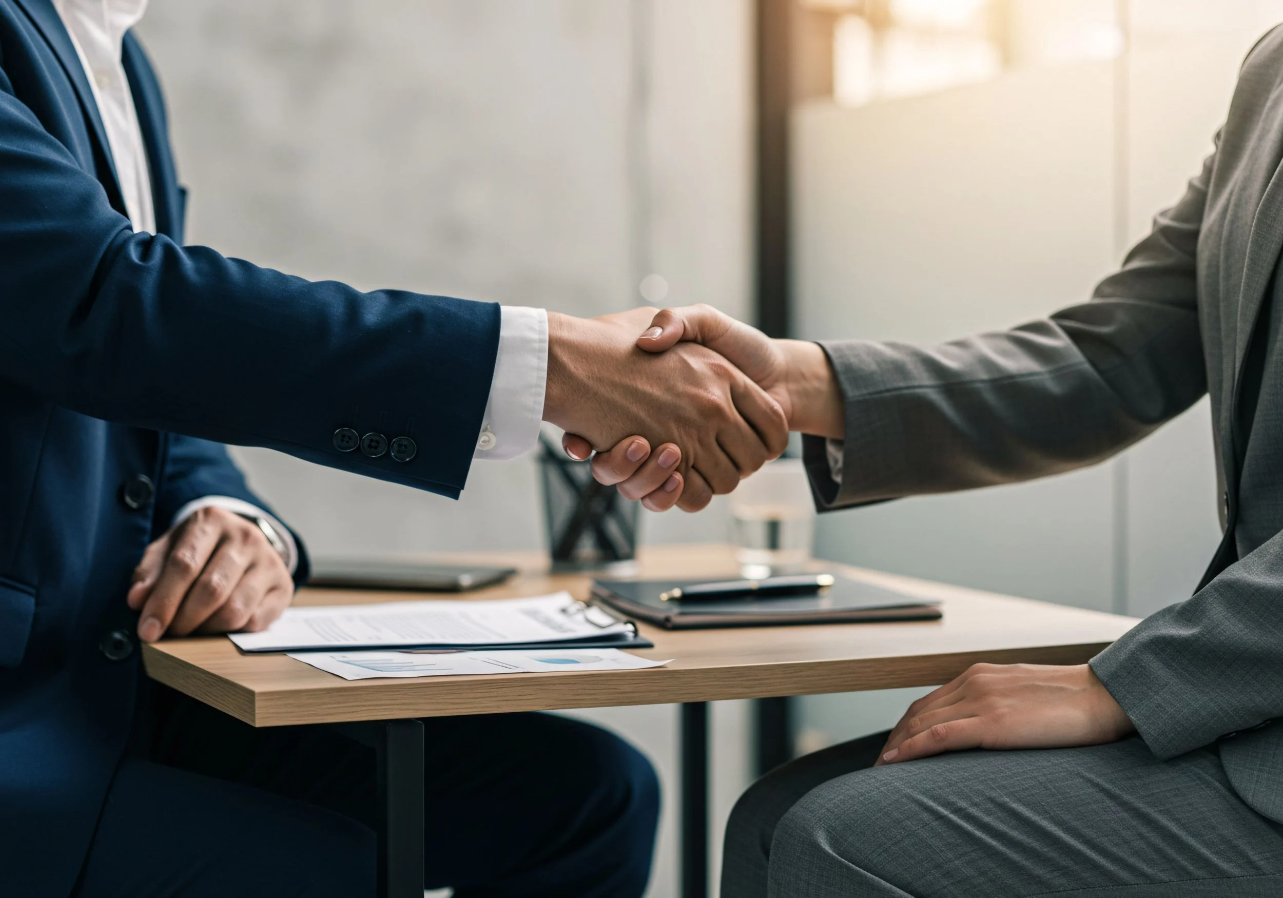 Two individuals in business attire shaking hands across a desk during a meeting.
