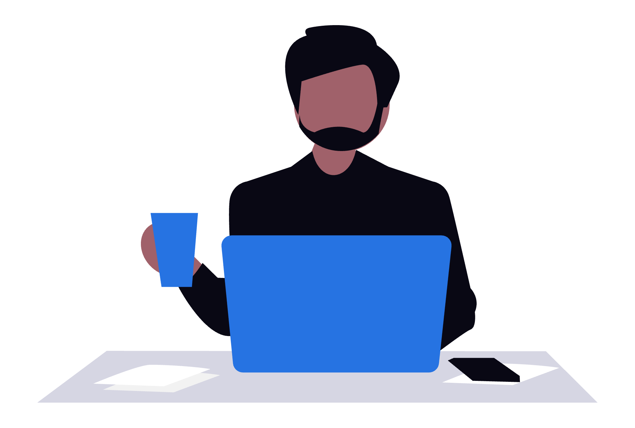 A digital illustration of a person with dark hair and a beard, sitting at a desk with a laptop, holding a glass of water in their left hand. The desk has a pen and some papers on it.