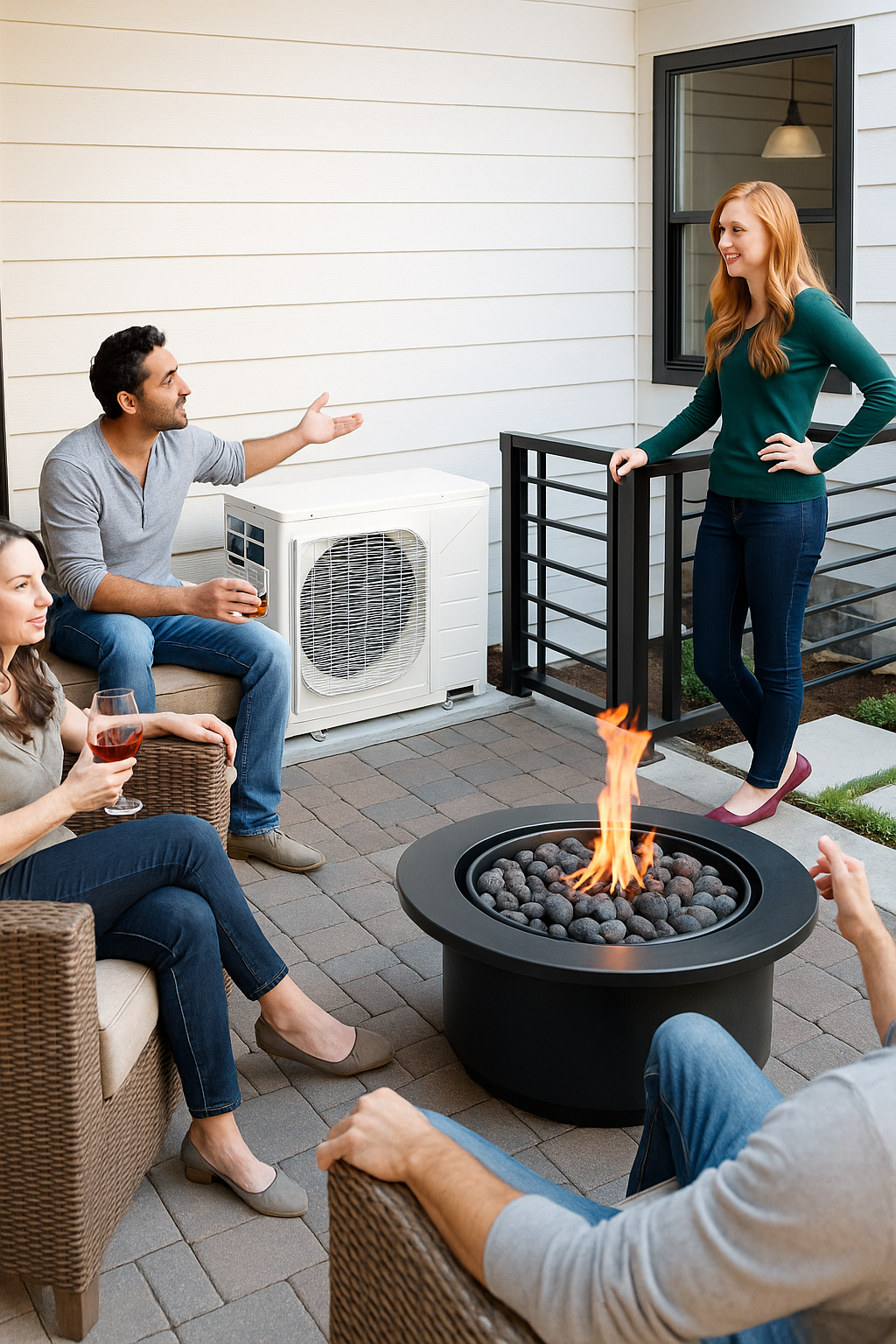 Group of people sitting around a fire pit on a patio, with one woman standing and talking to a man. The scene appears to be a casual outdoor gathering.