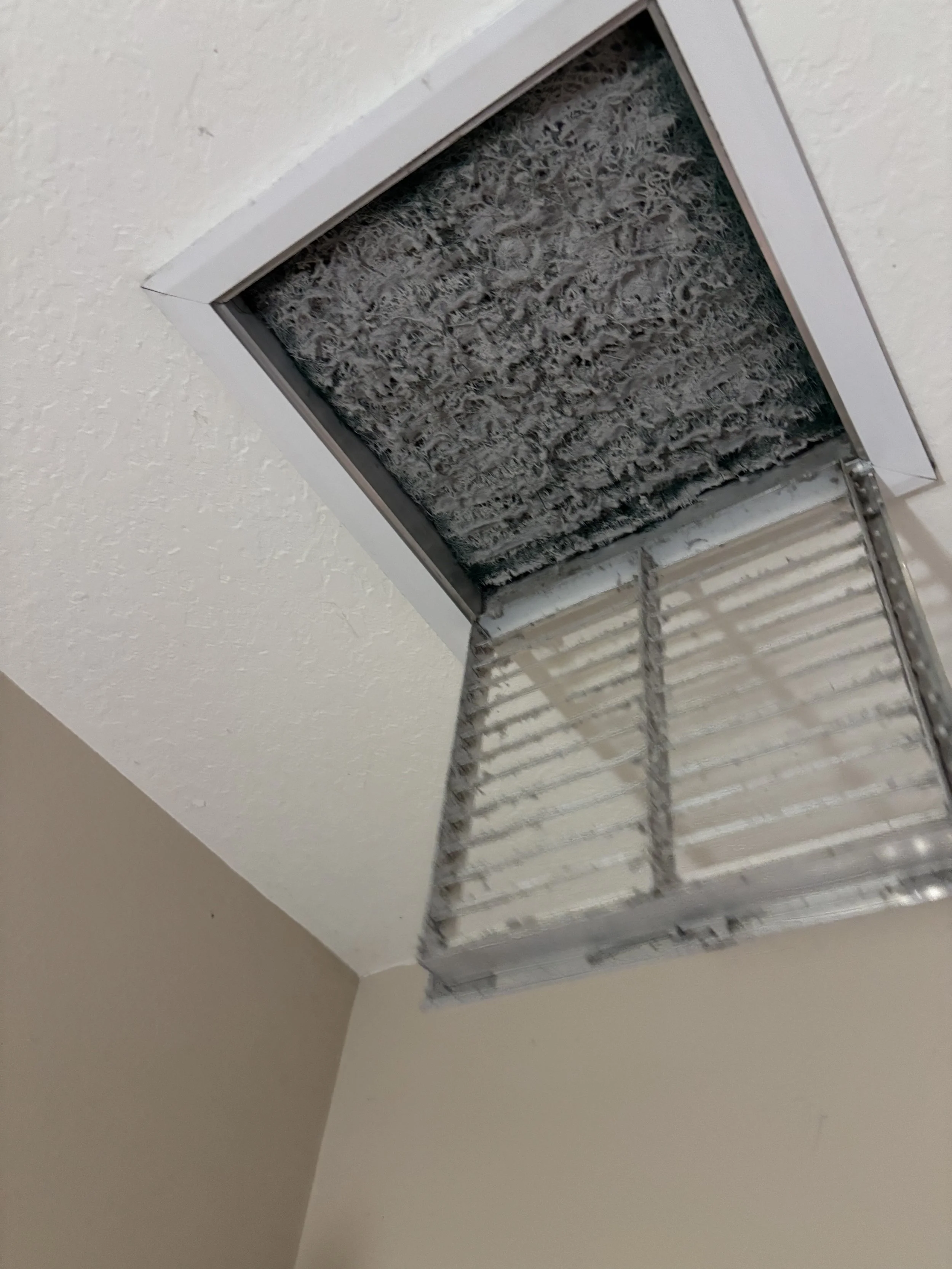 Ceiling vent or air duct with dirty filter, partially removed from ceiling, exposing the inner metal structure.