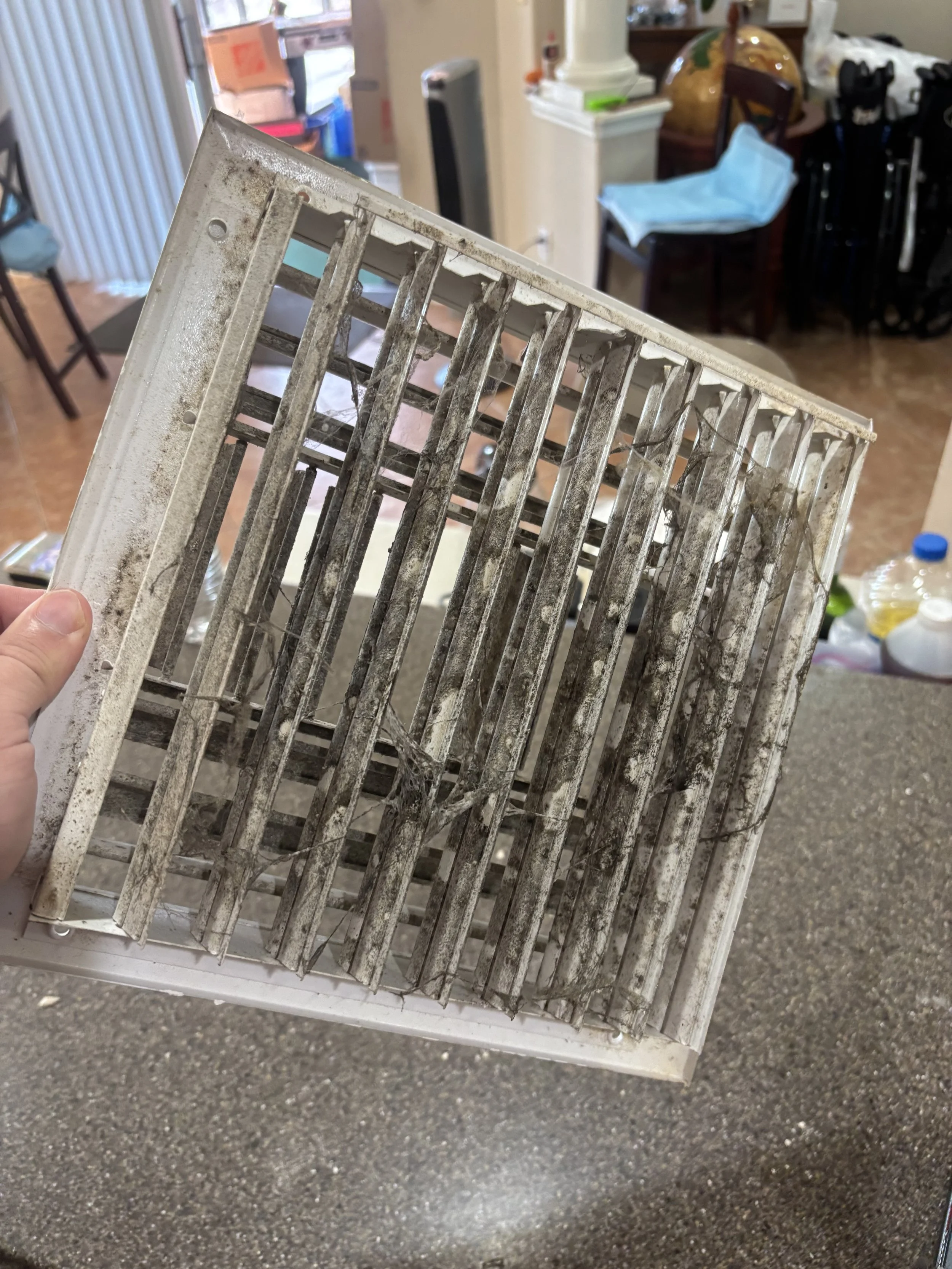 A hand holding a dirty, dusty oven or air fryer rack inside a kitchen or cafe setting.