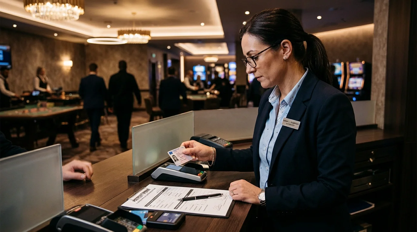 A woman at a hotel reception desk checks in a guest, holding a credit card and a registration form.