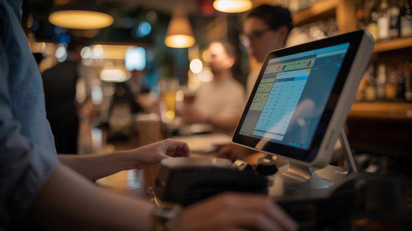 Close-up of a person's hand pressing a button on a cash register at a busy bar, with a touchscreen display showing sales data. Blurred background of bartenders and patrons in a lively restaurant or bar setting.
