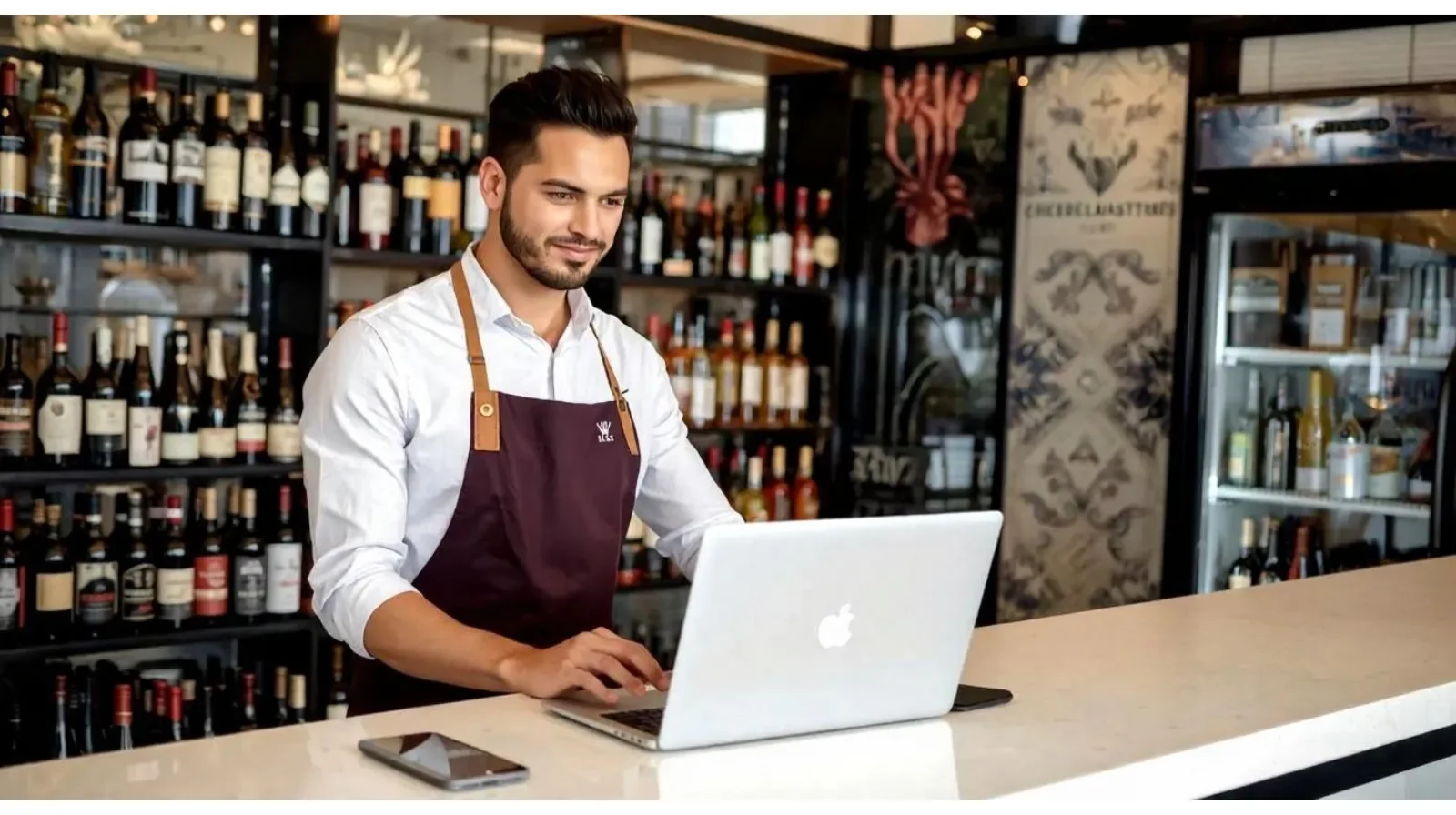 man doing hospitality admin on laptop