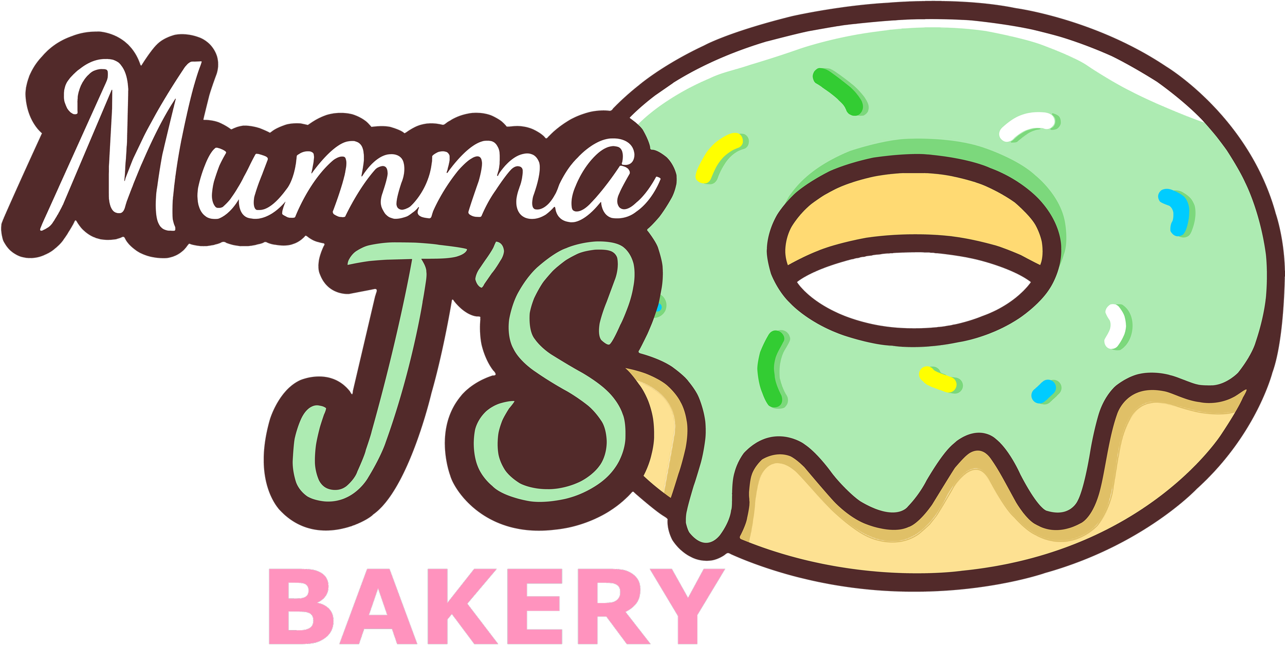Logo for Mummas J's Bakery featuring a cartoon style donut with green icing and sprinkles, with text 'Mummas J's Bakery' beside it.