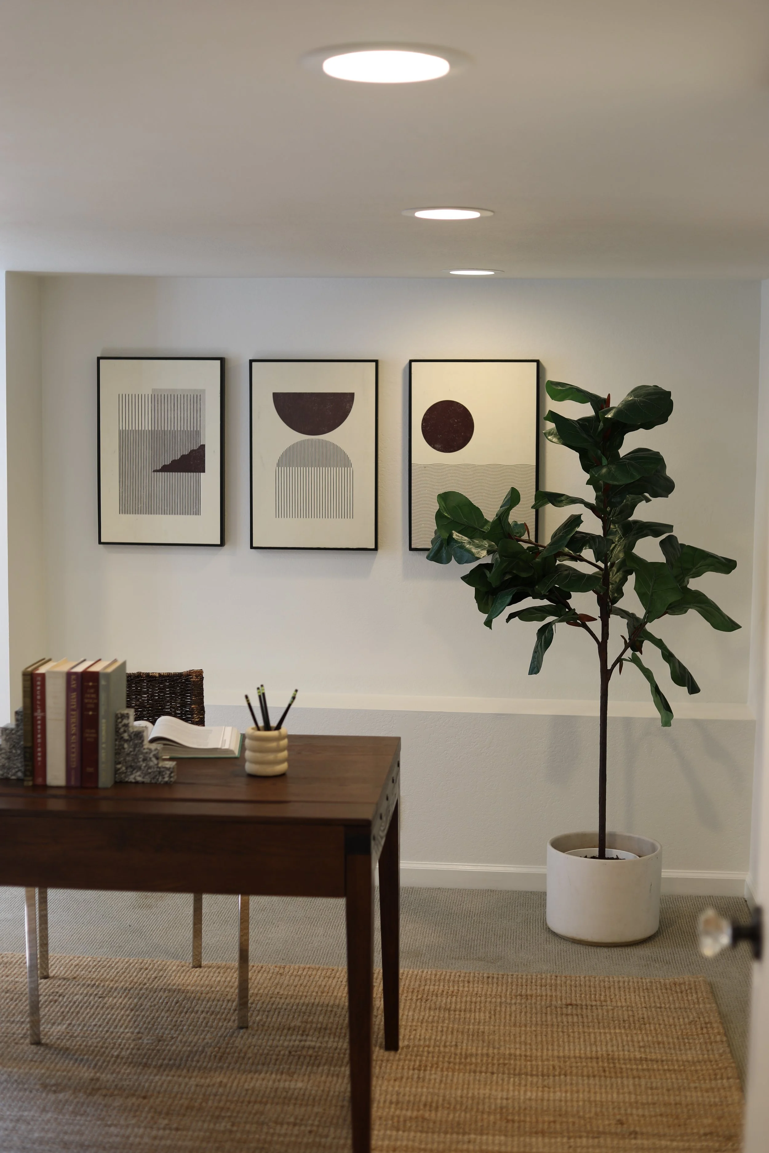 Interior space with a wooden desk, a large potted plant, and abstract art prints on the wall.