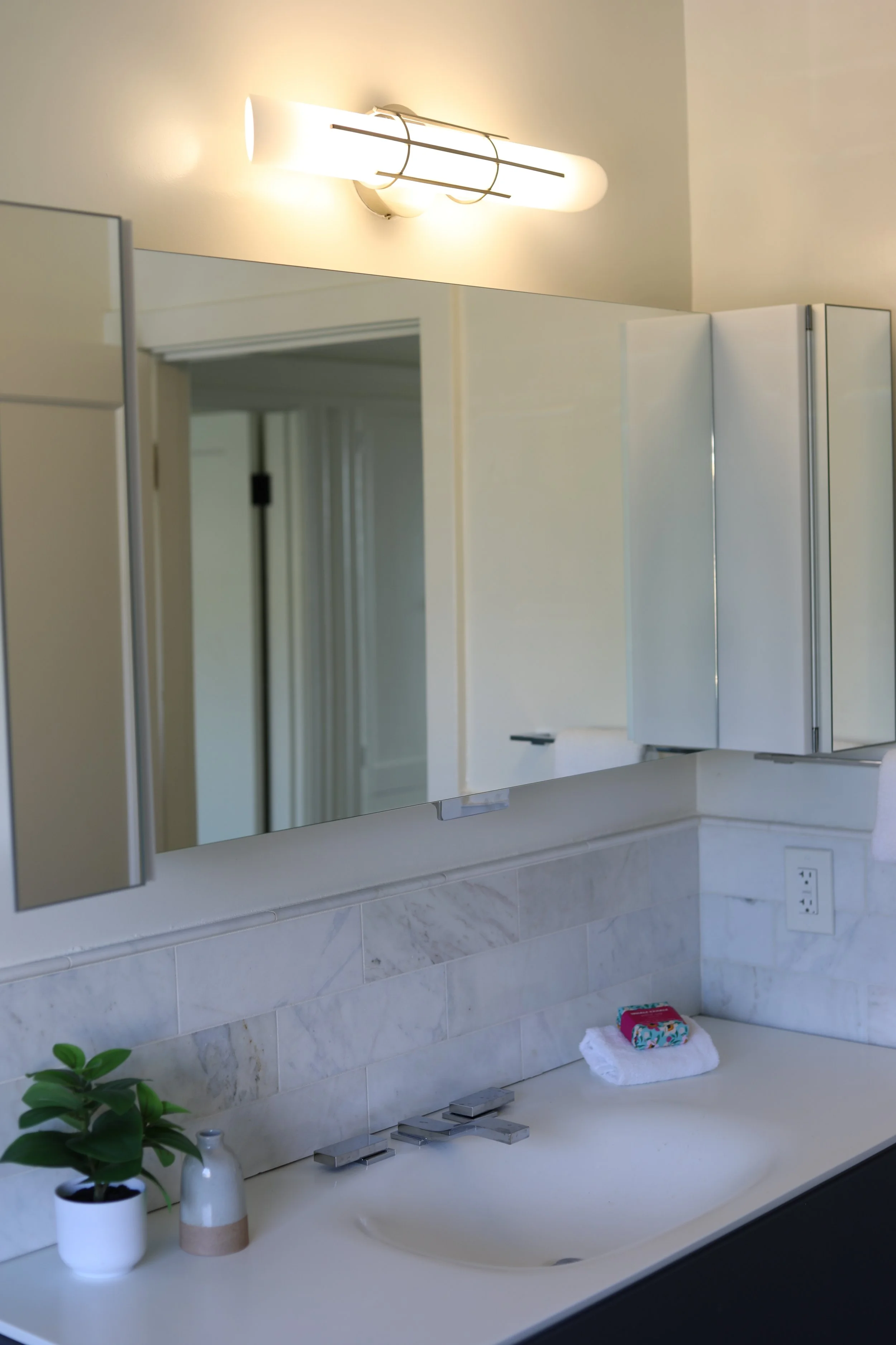 Bathroom sink with a plant, soap dispenser, and towel, with mirror and wall light above.
