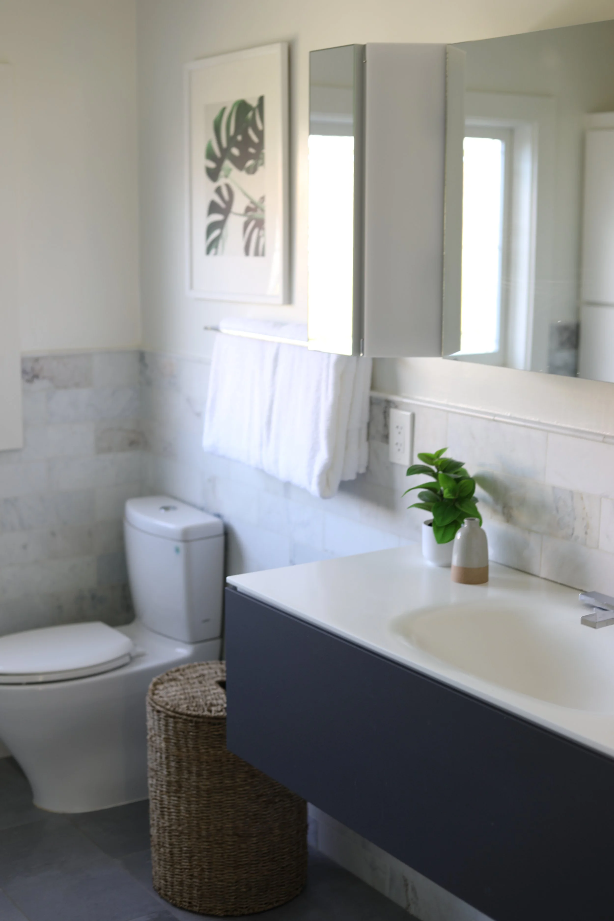 Modern bathroom with a toilet, a vanity with a sink, a mirror, a potted plant, towel, wicker basket, and artwork on the wall.