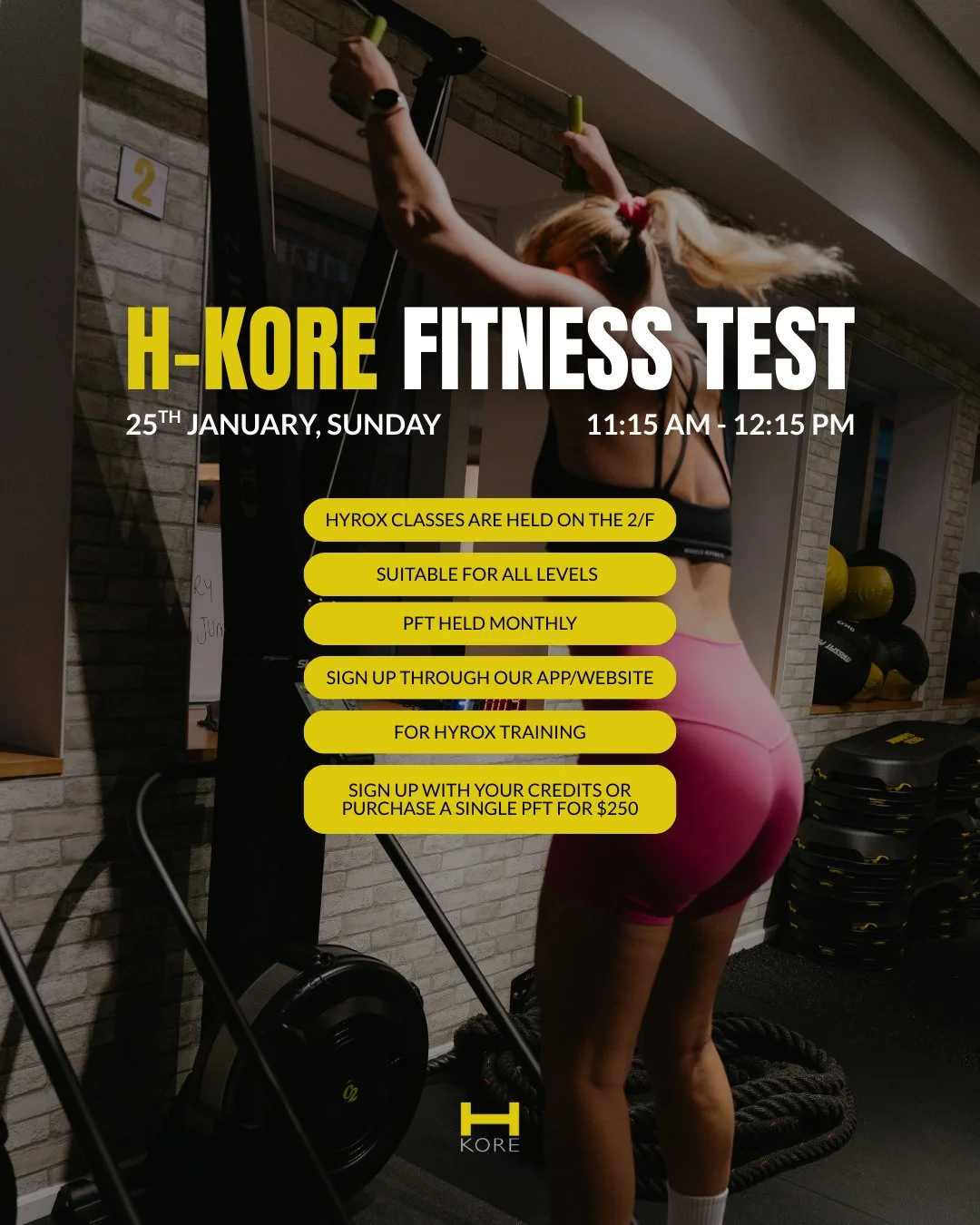 Our next H-Kore HYROX PFT is this Sunday!

Join us at 11:15 am to test yourself with a half-simulation. Sign up using your existing credits or purchase a single PFT credit for just $250.

Can&rsquo;t make it? Don't worry&mdash;we host PFTs every mont