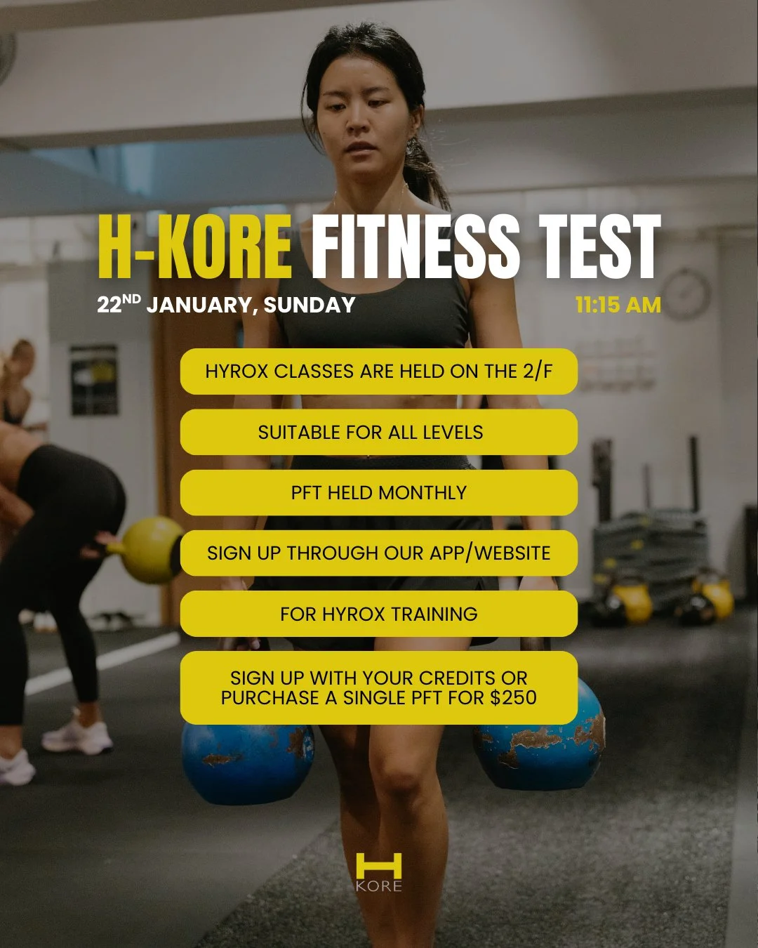 The PFT is back at H-Kore!

Join us this Sunday at 11:15 am for a high-intensity half-simulation designed to sharpen your performance and crush your goals.

The Details:
🎟️ Entry: Use your class credits or grab a single PFT pass for $250.
🗓️ Freque