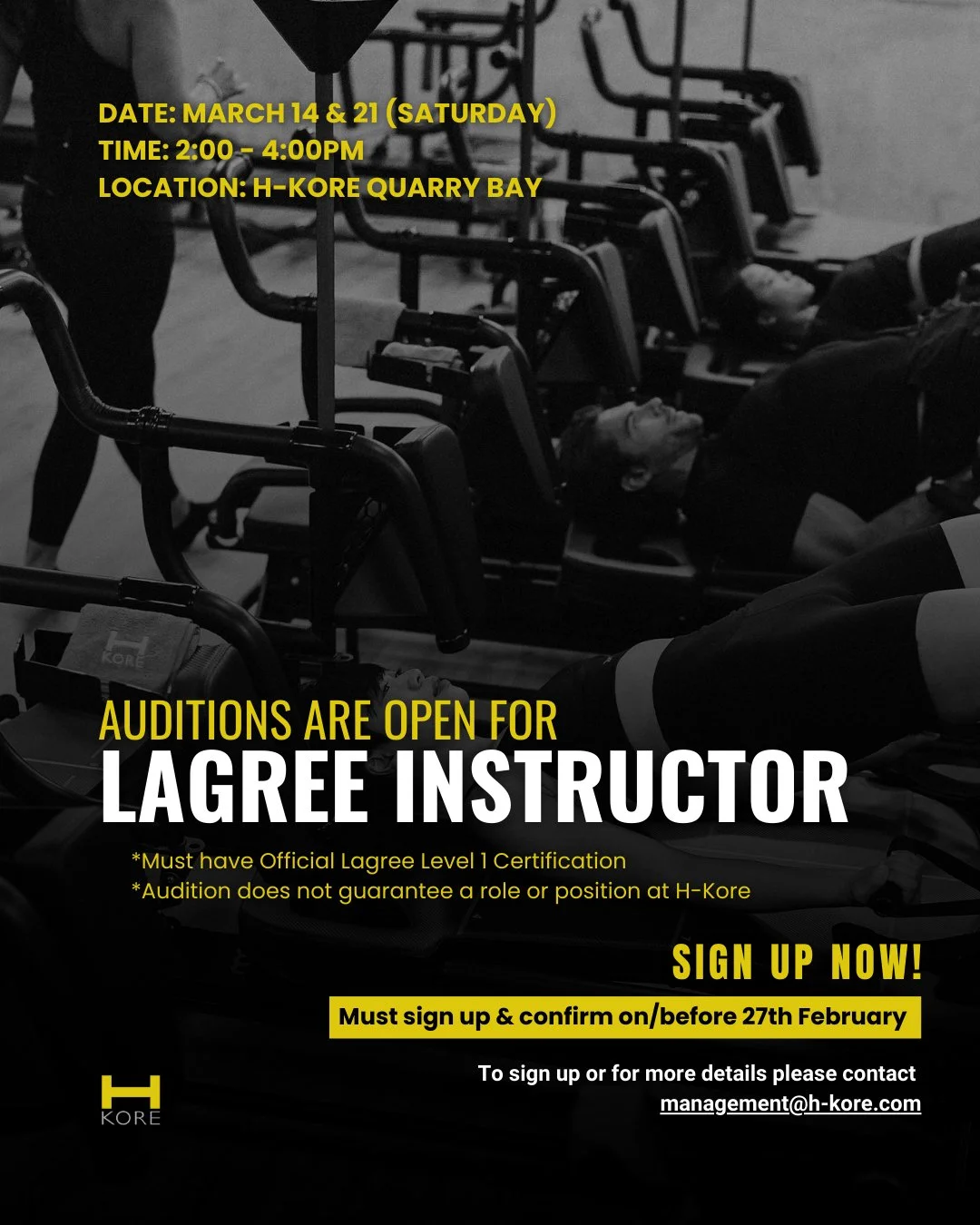 Calling all Lagree Instructors &amp; Trainees! 📣

H-Kore is opening its doors for auditions plus practice sessions.

Auditions (March 14 &amp; 21, Saturdays): We&rsquo;re looking for certified Level 1 instructors to join the team! Apply by February 