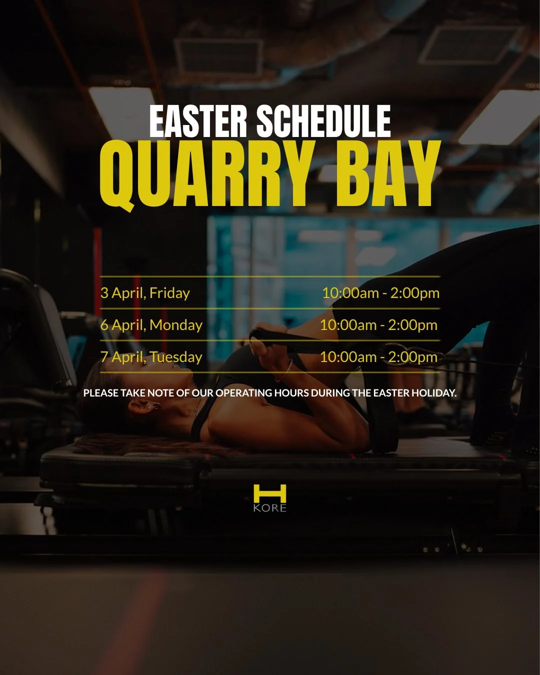 🐣Check out our adjusted hours for the upcoming easter holiday, see you on the Mega/in the studio!

Book your classes in our bio link.
#megakore #megacircuit #hkore #megastrength #lagree #easterholiday